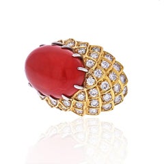 David Webb Platinum and 18 Karat Yellow Gold Oval Coral and Diamond 1970s Ring