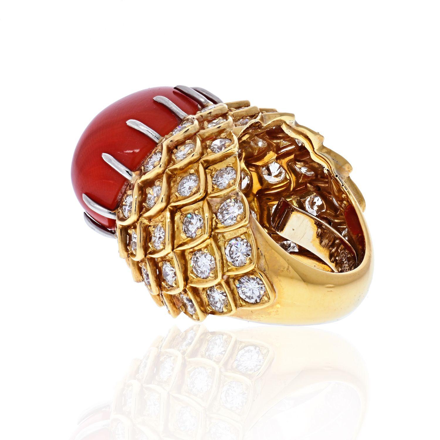 Modern David Webb Platinum and 18 Karat Yellow Gold Oval Coral and Diamond 1970s Ring For Sale
