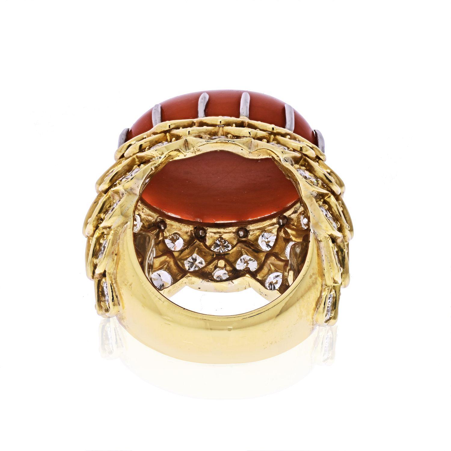 Oval Cut David Webb Platinum and 18 Karat Yellow Gold Oval Coral and Diamond 1970s Ring For Sale