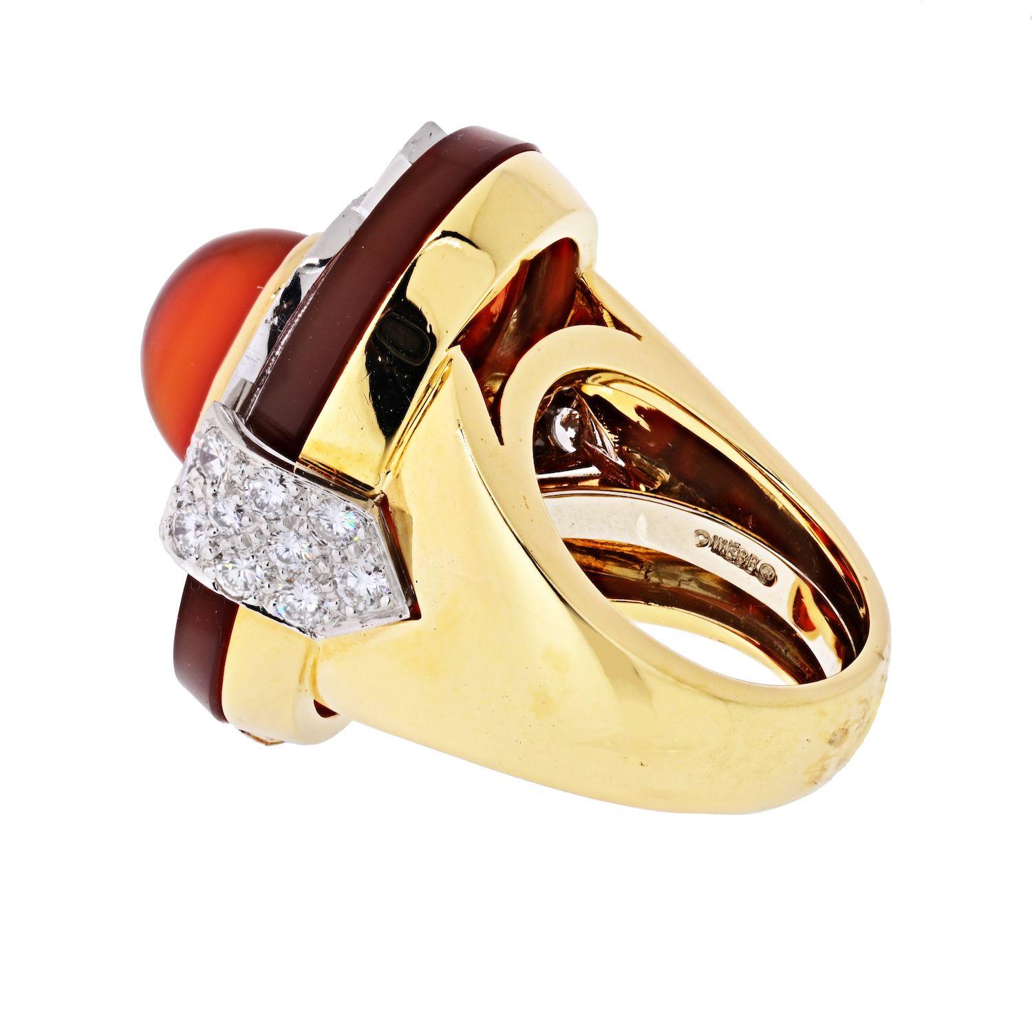 Modern David Webb Platinum and 18 Karat Yellow Gold Oval Cut Carnelian, Diamond Ring For Sale