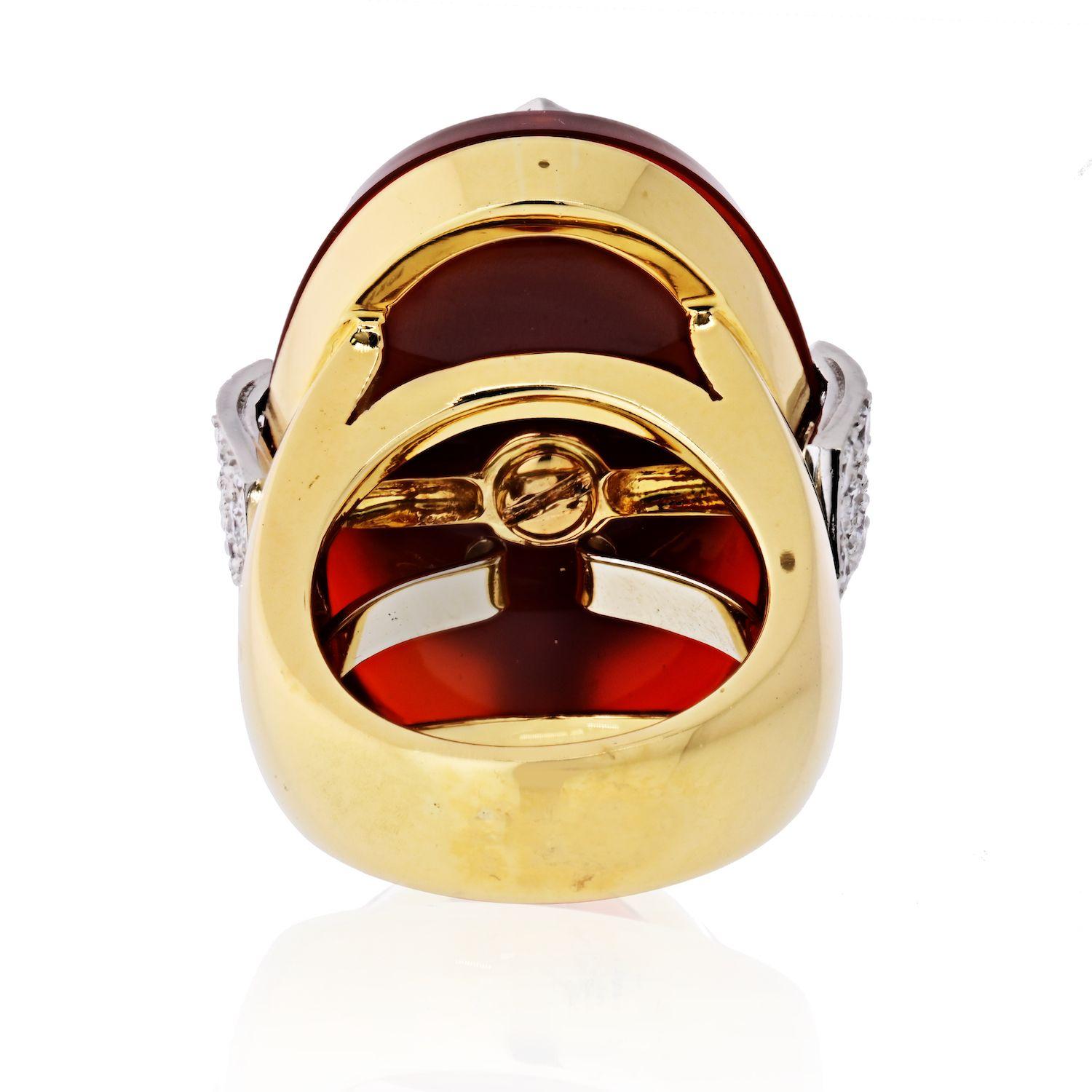 David Webb Platinum and 18 Karat Yellow Gold Oval Cut Carnelian, Diamond Ring In Excellent Condition For Sale In New York, NY