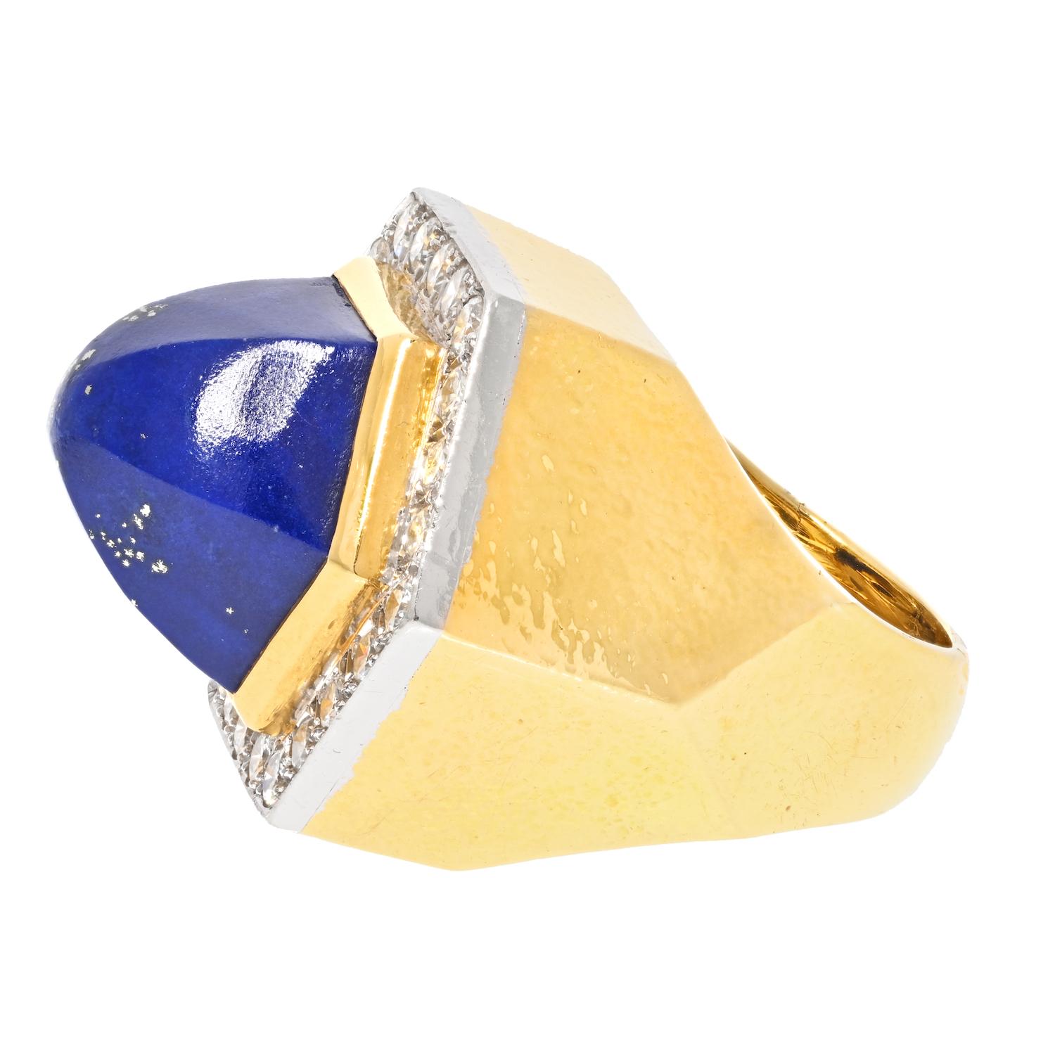 Modern David Webb Platinum & 18k Yellow Gold Oversized Lapis and Diamond Ring For Sale