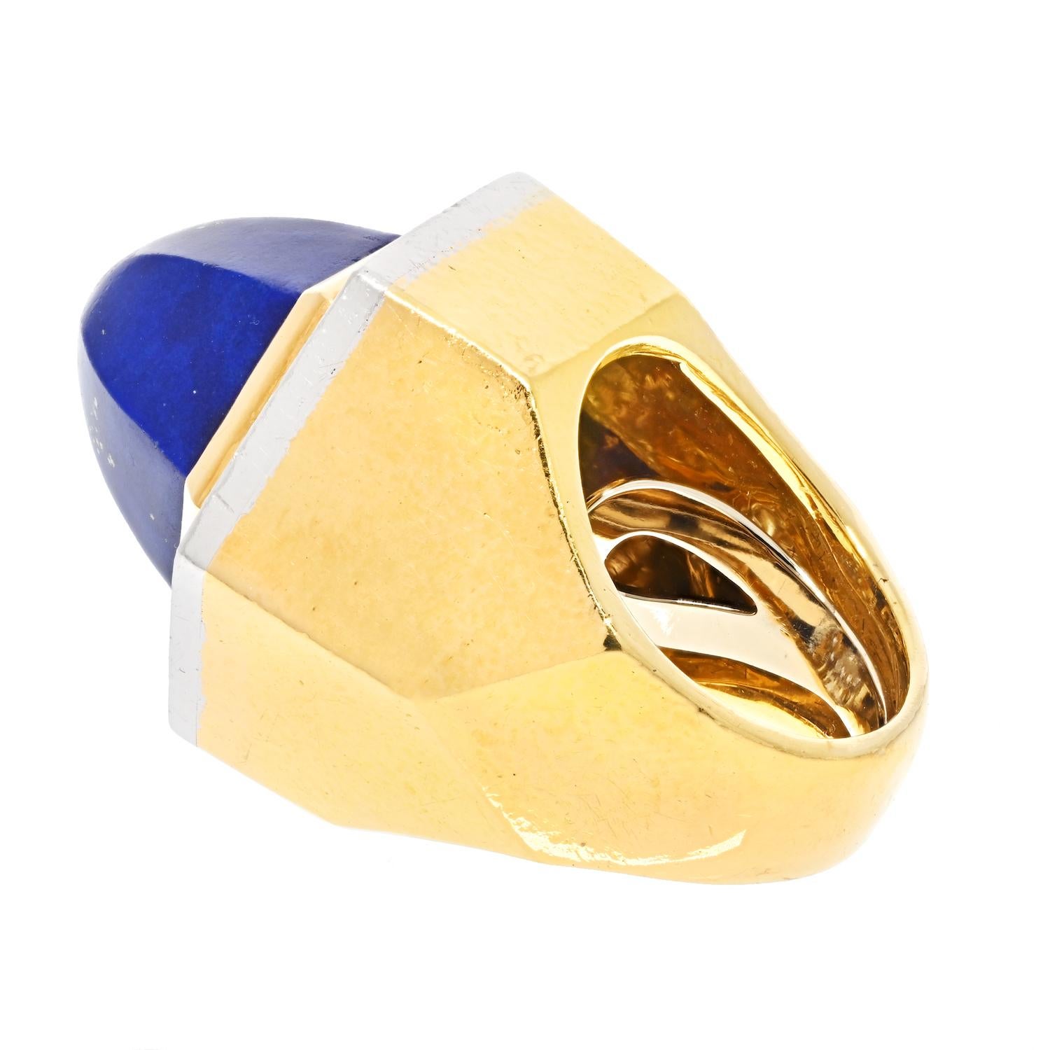 Round Cut David Webb Platinum & 18k Yellow Gold Oversized Lapis and Diamond Ring For Sale