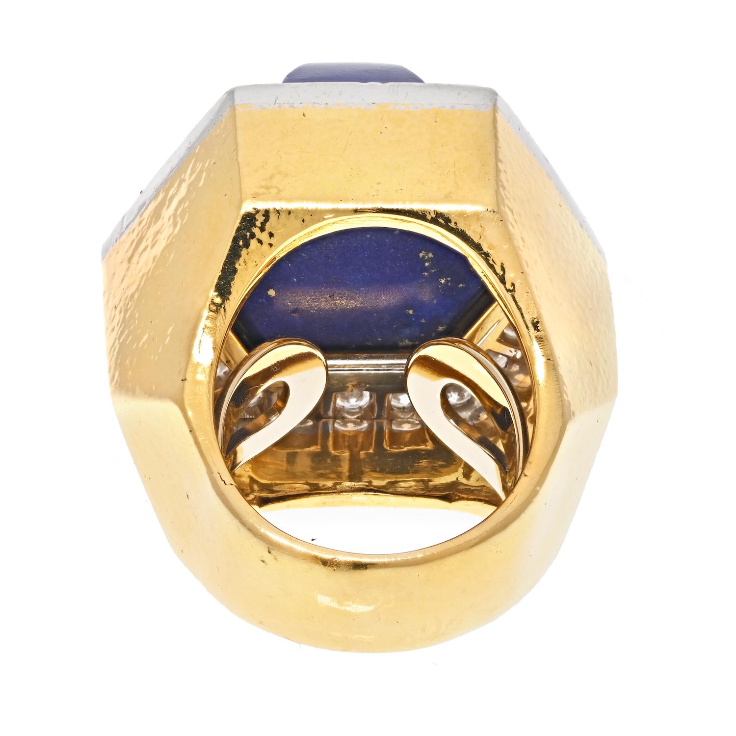 David Webb Platinum & 18k Yellow Gold Oversized Lapis and Diamond Ring In Excellent Condition For Sale In New York, NY