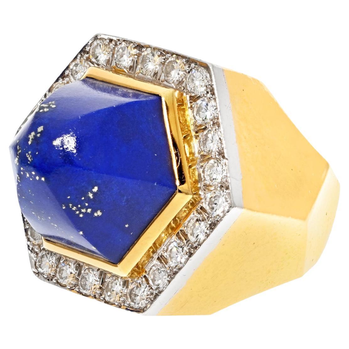 David Webb Platinum & 18k Yellow Gold Oversized Lapis and Diamond Ring For Sale