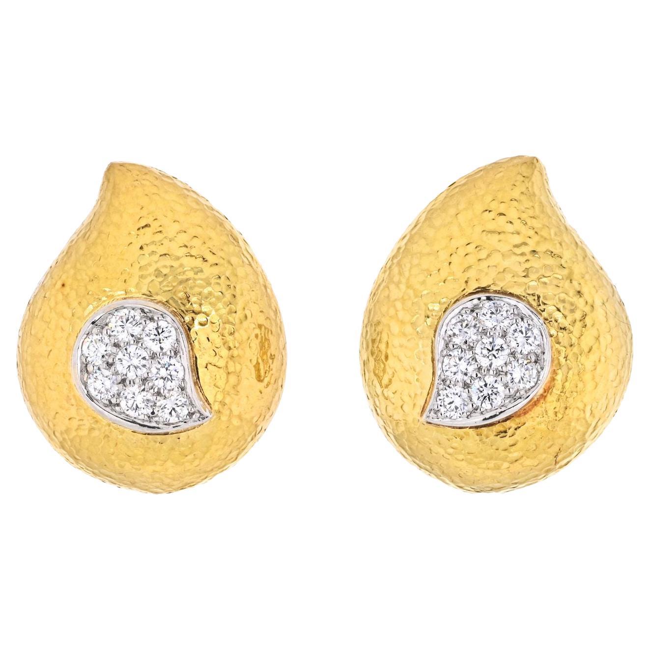 David Webb Platinum & 18K Yellow Gold Paisley Diamond Earrings For Sale