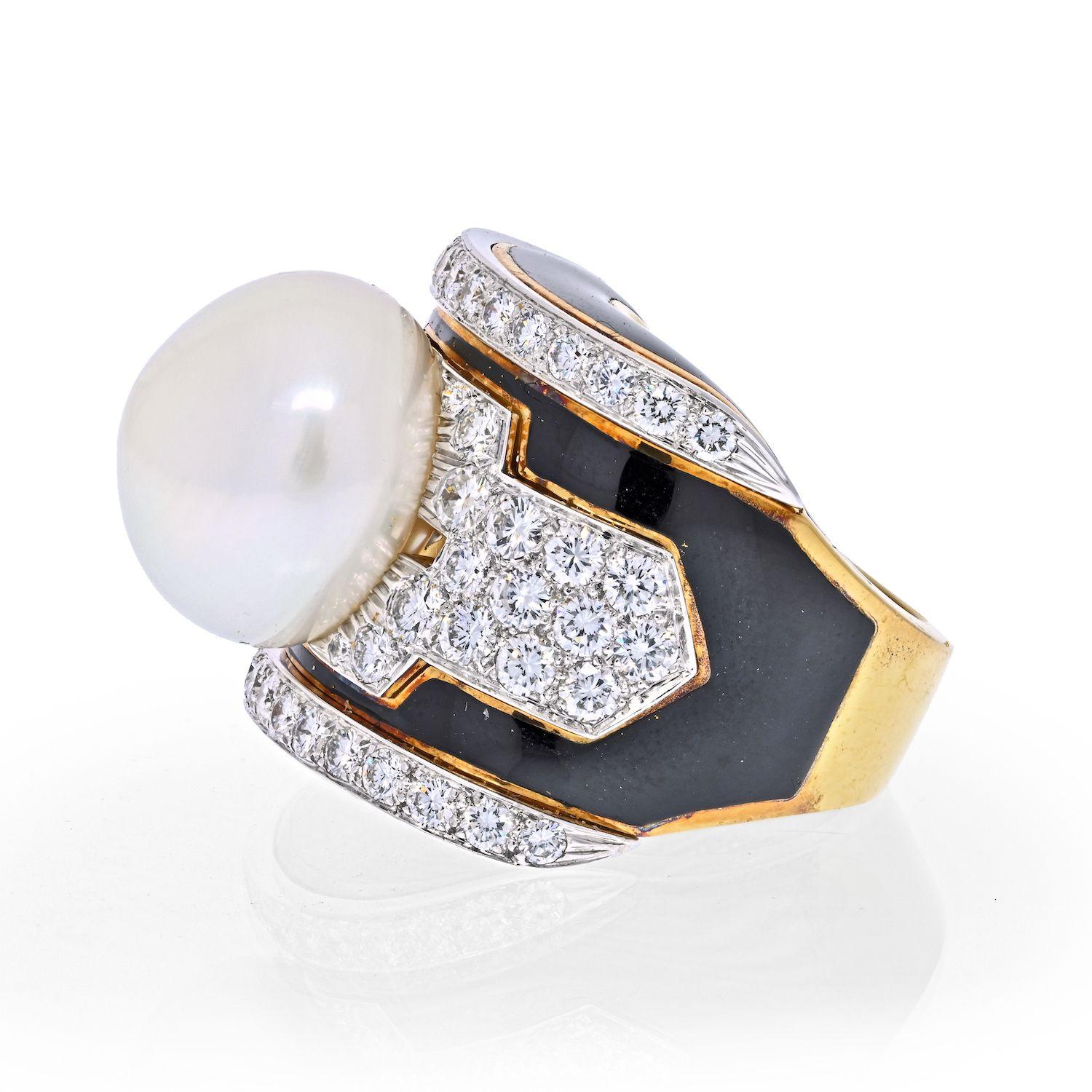 Always a great hit David Webb pearl and black enamel ring with diamonds. It is bold and brave yet has lots of feminine touches to it. Wear it with your favorite black and white outfits, pair with your Chanel accessories or make it a statement jewel