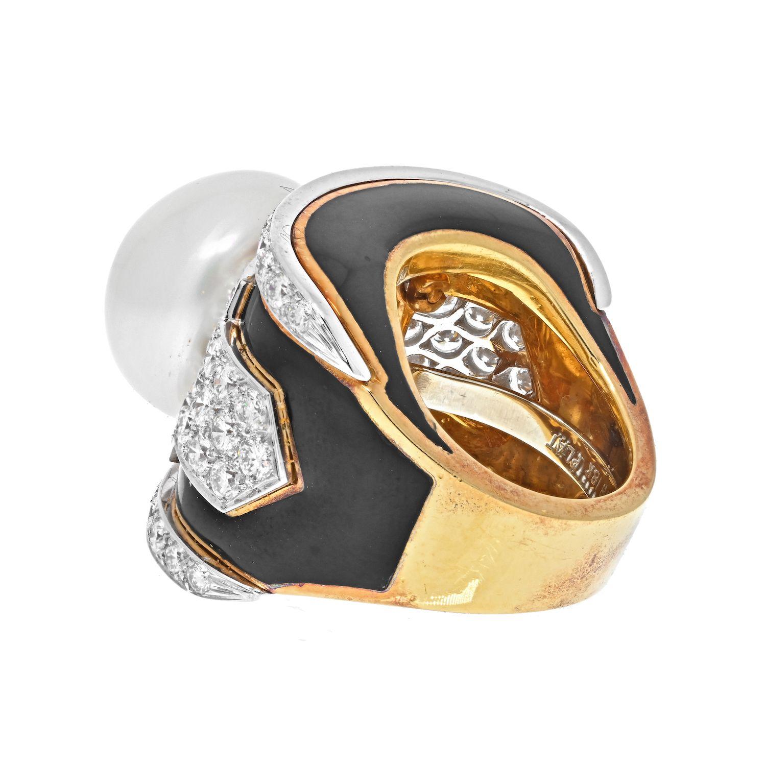 Modern David Webb Platinum & 18K Yellow Gold Pearl, Diamond, Black Enamel Ring For Sale