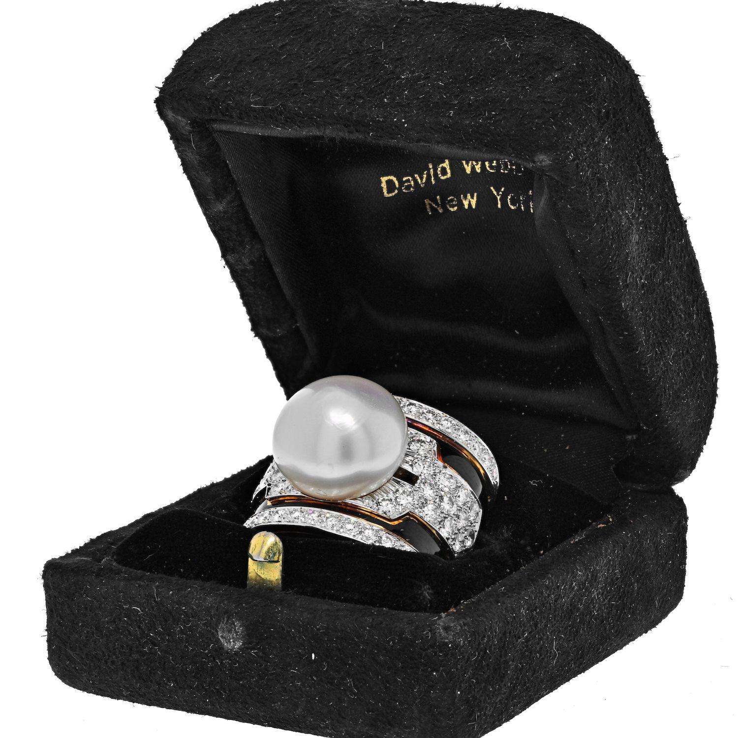 Round Cut David Webb Platinum & 18K Yellow Gold Pearl, Diamond, Black Enamel Ring For Sale