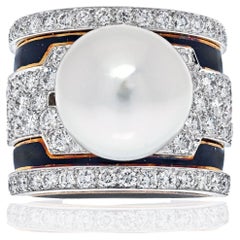 David Webb Platinum & 18K Yellow Gold Pearl, Diamond, Black Enamel Ring