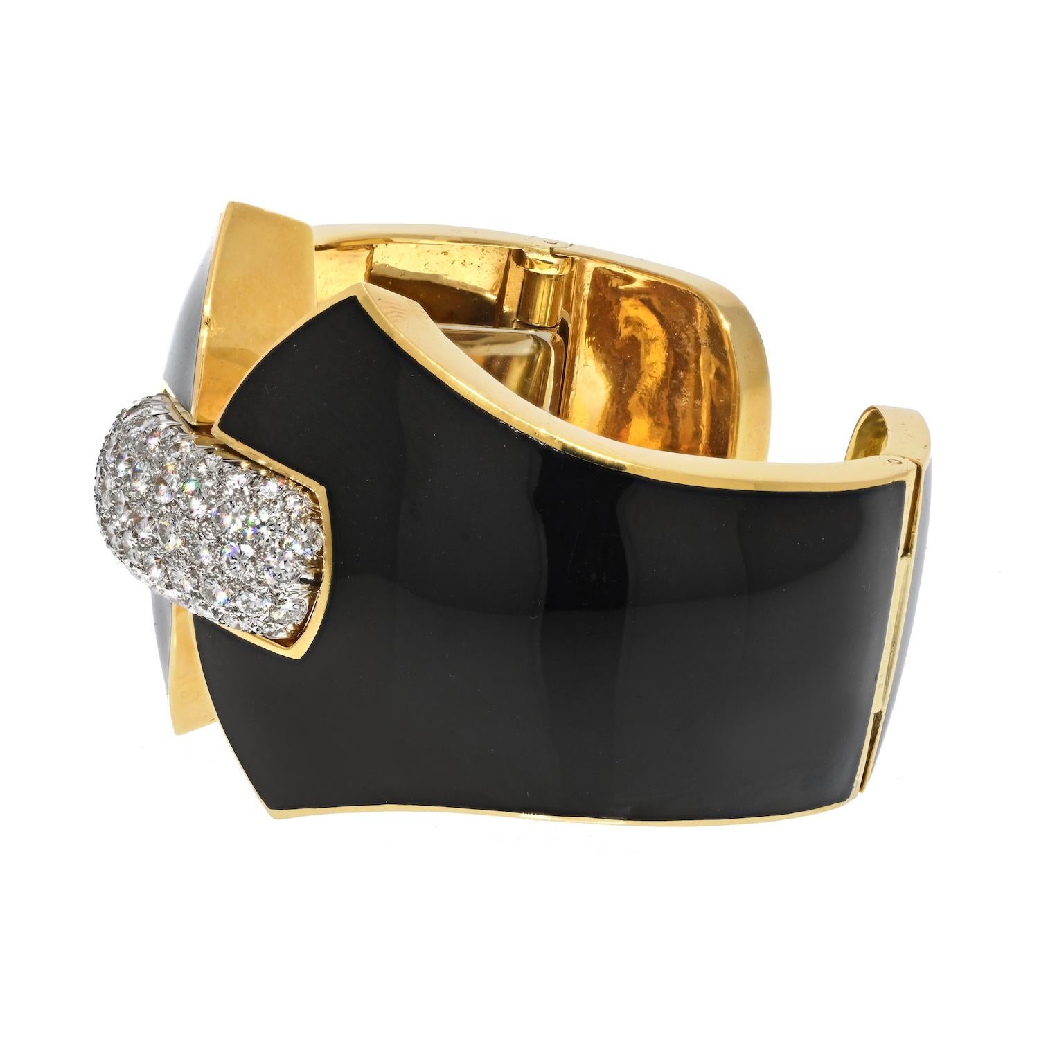 Modern David Webb Platinum & 18k Yellow Gold Princess Lilian Black Enamel Diamond Cuff For Sale