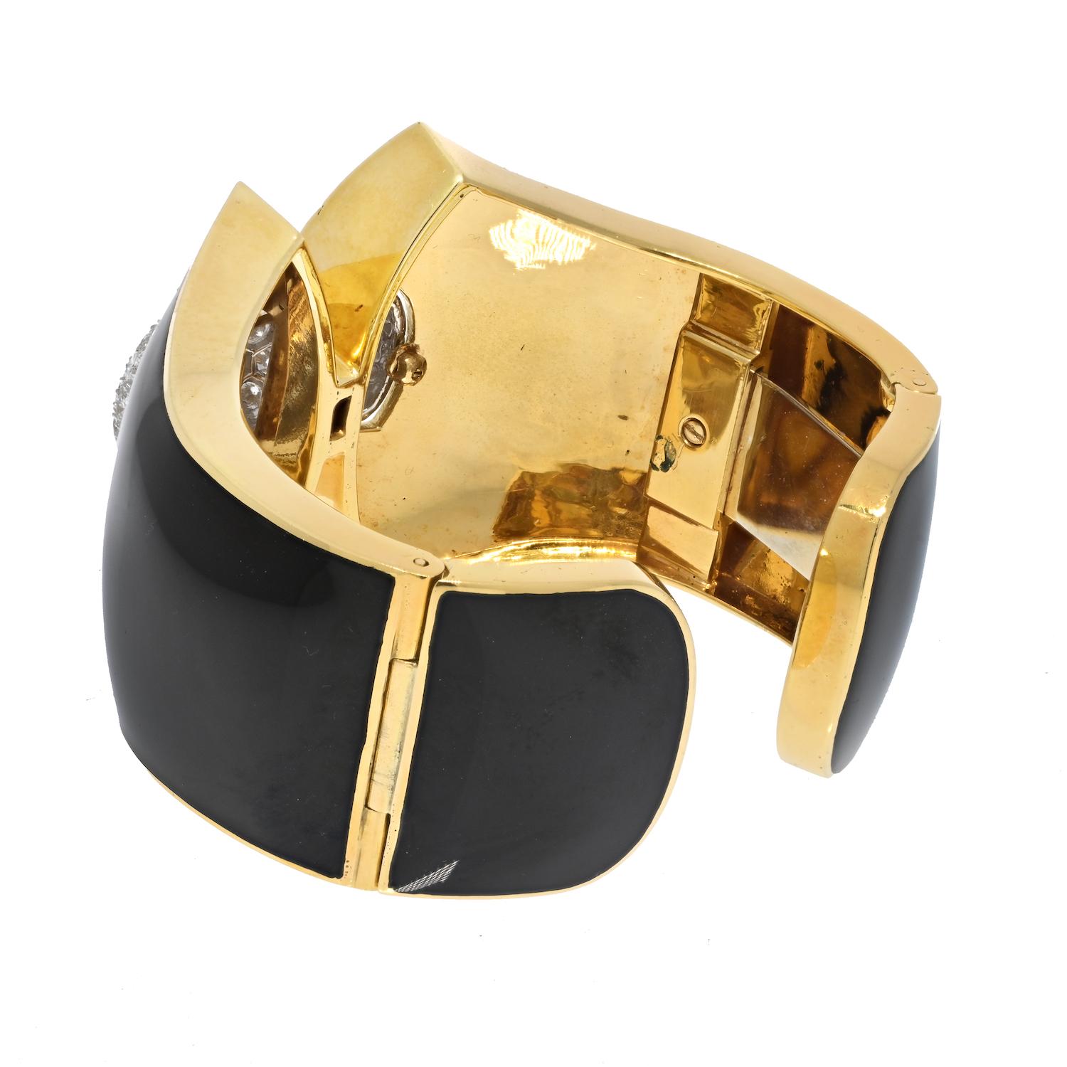 Round Cut David Webb Platinum & 18k Yellow Gold Princess Lilian Black Enamel Diamond Cuff For Sale