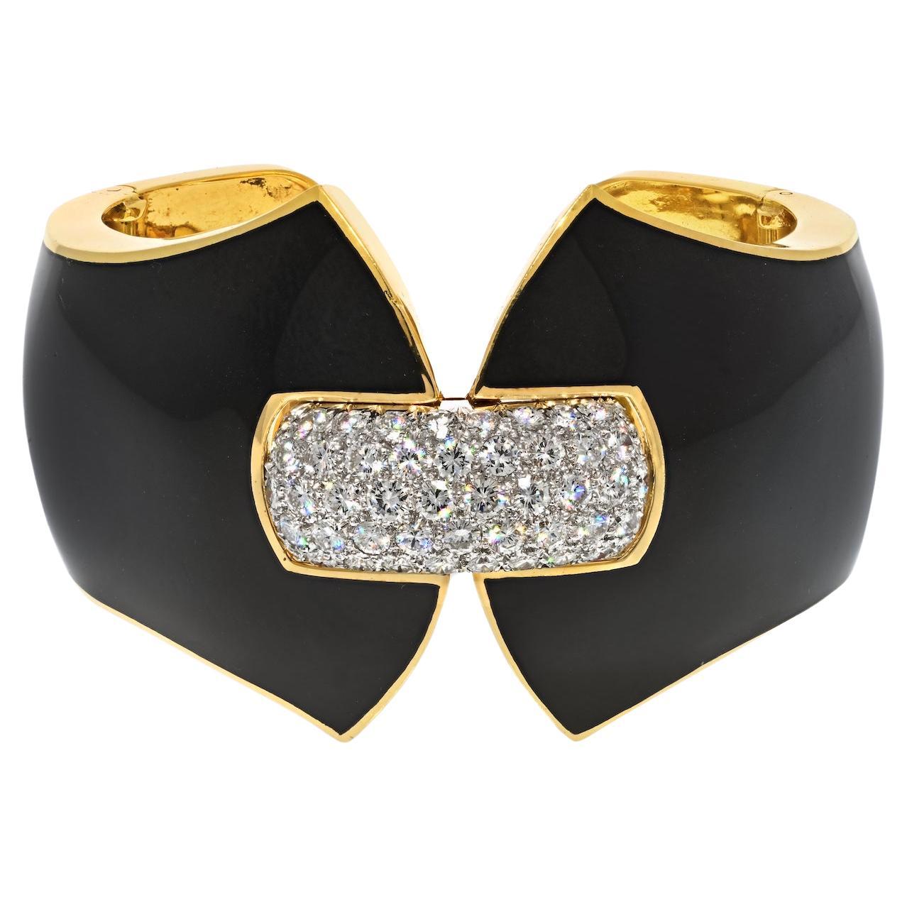 David Webb Platinum & 18k Yellow Gold Princess Lilian Black Enamel Diamond Cuff For Sale