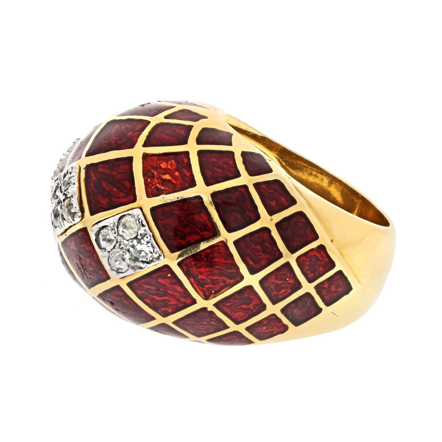Modern David Webb Platinum & 18k Yellow Gold Red Enamel Bombe Diamond Ring For Sale