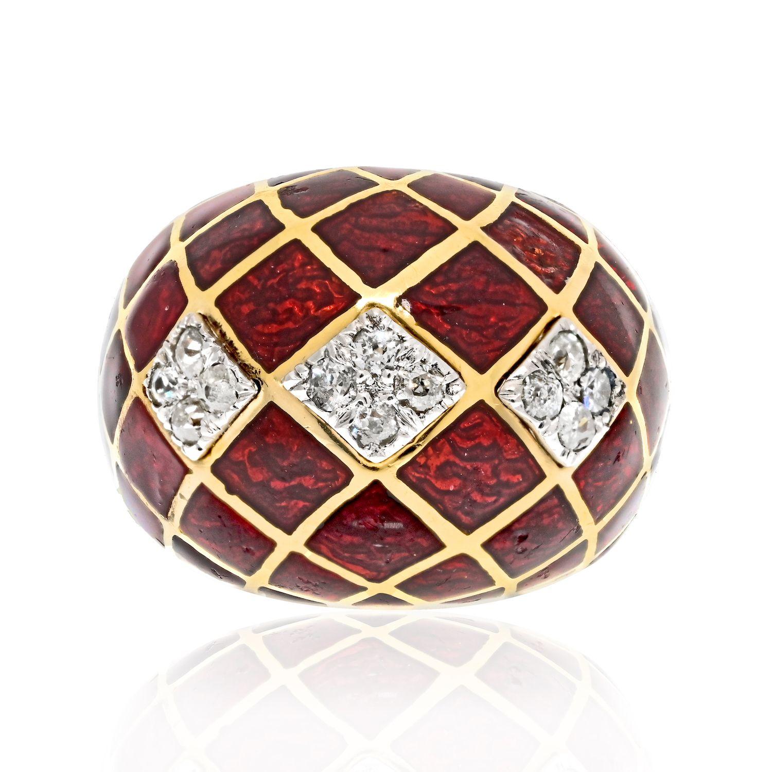 Round Cut David Webb Platinum & 18k Yellow Gold Red Enamel Bombe Diamond Ring For Sale