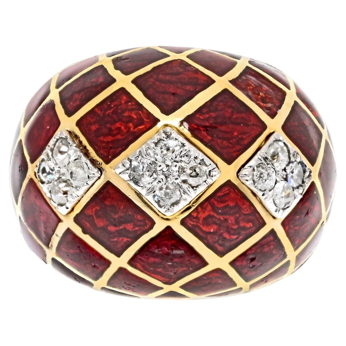 David Webb Platinum & 18k Yellow Gold Red Enamel Bombe Diamond Ring For Sale