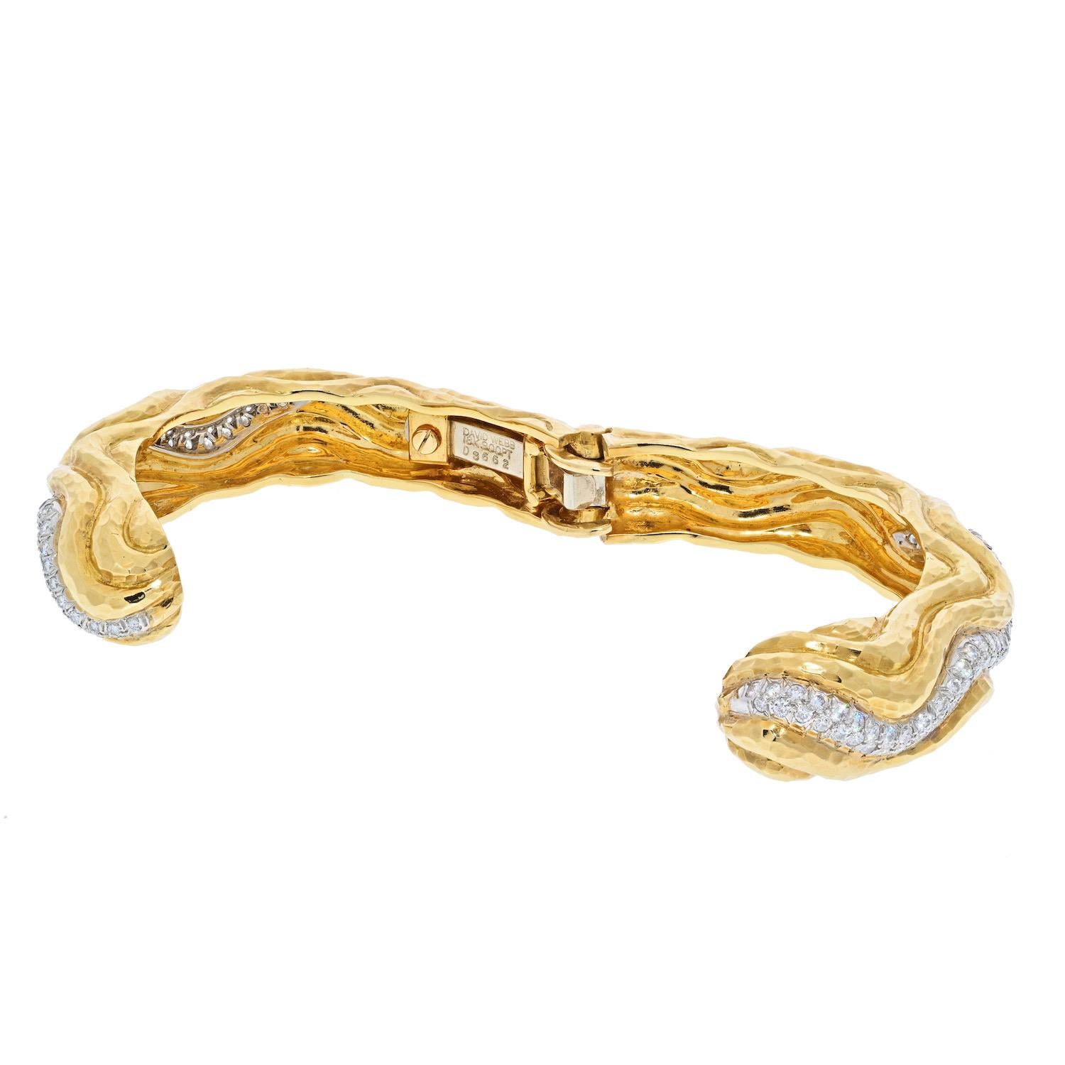 Modern David Webb Platinum & 18K Yellow Gold Rigid Diamond Wave Cuff Bracelet For Sale