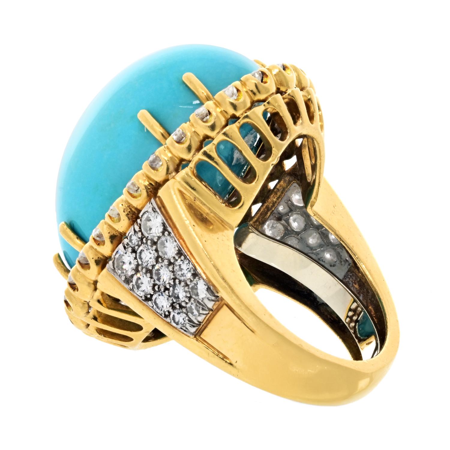 Modern David Webb 18K Yellow Gold Turquoise And Diamond Cocktail Ring For Sale