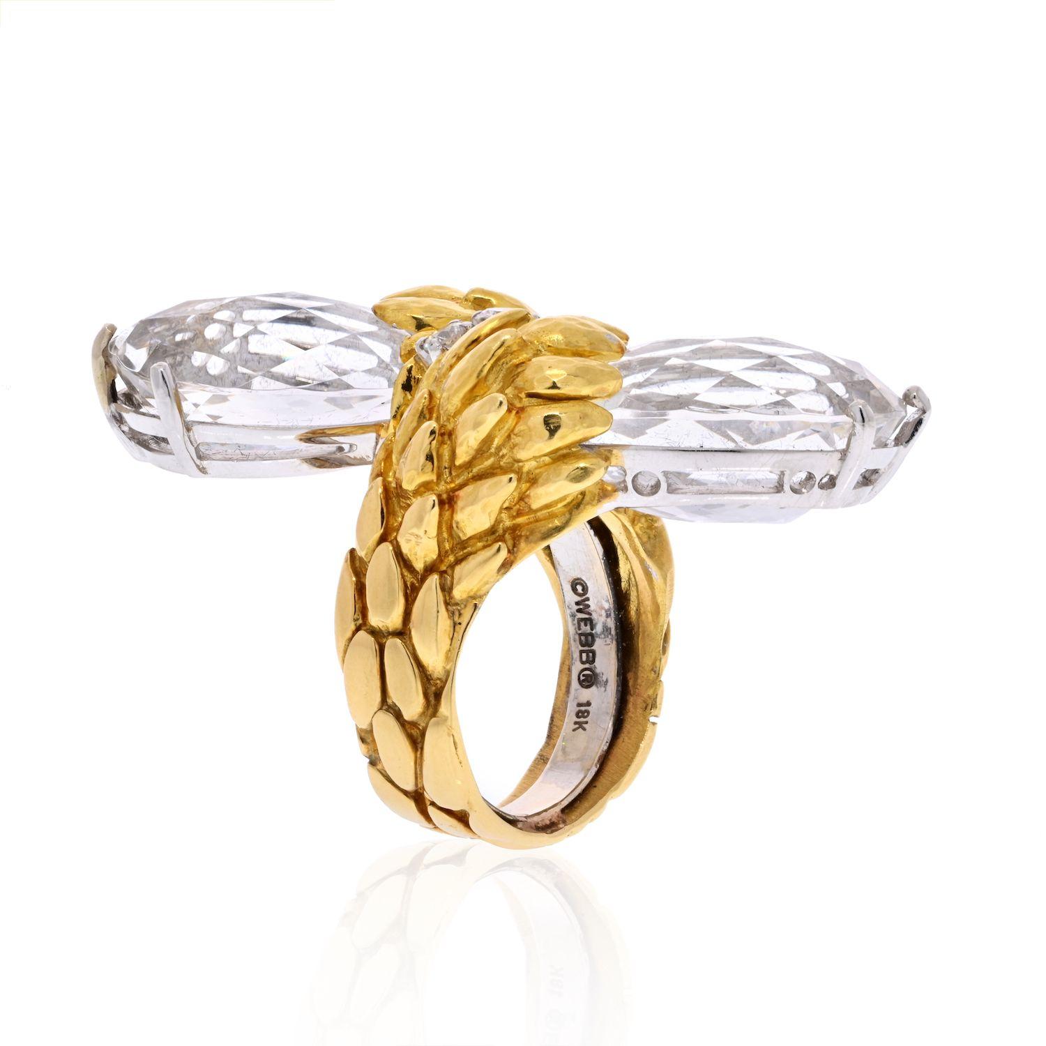 Modern David Webb Platinum & 18K Yellow Gold Rock Crystal ByPass Ring For Sale