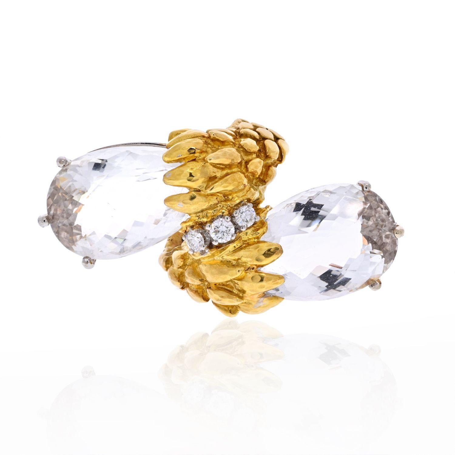 David Webb Platinum & 18K Yellow Gold Rock Crystal ByPass Ring In Excellent Condition For Sale In New York, NY