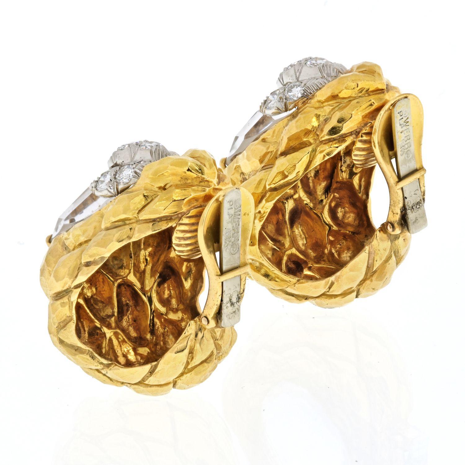 Cabochon David Webb Platinum & 18k Yellow Gold Rock Crystal Carved Clip on Earrings For Sale