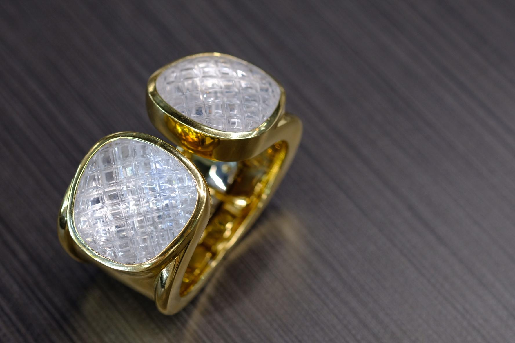 David Webb Platinum & 18K Yellow Gold Rock Crystal Cross Hatched Bracelet For Sale 3