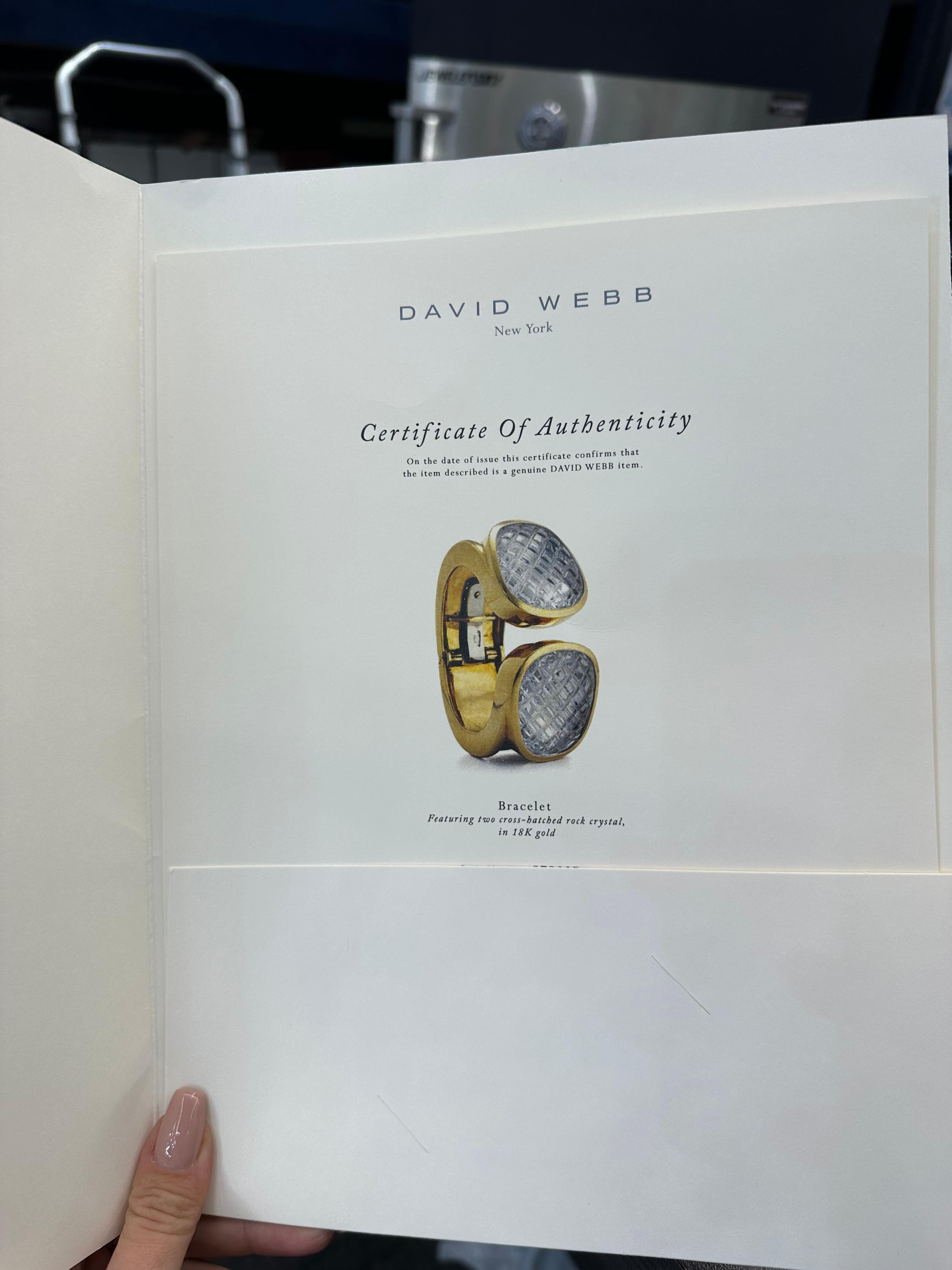Women's David Webb Platinum & 18K Yellow Gold Rock Crystal Cross Hatched Bracelet For Sale
