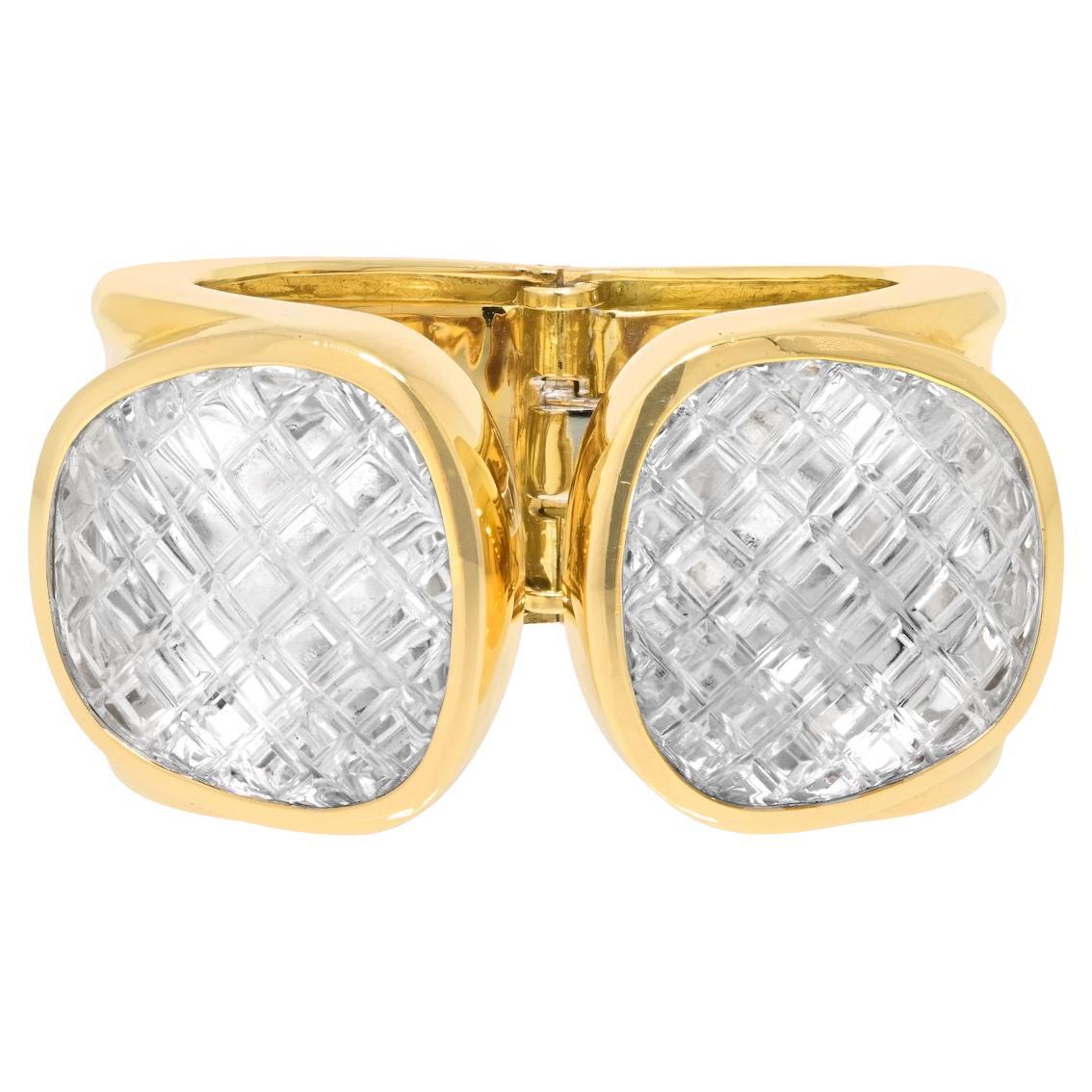 David Webb Platinum & 18K Yellow Gold Rock Crystal Cross Hatched Bracelet For Sale
