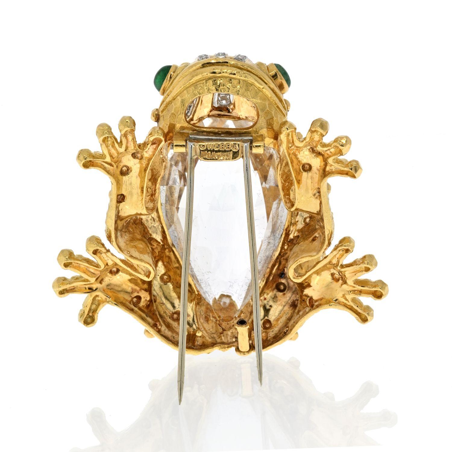 Hammered Gold, Platinum, Rock Crystal, Diamond and Cabochon Emerald Frog Clip-Brooch by David Webb. This beautiful creature is created in 18 kt. gold, the stylized hammered gold frog accented by gold balls, centering one pear-shaped rose-cut rock