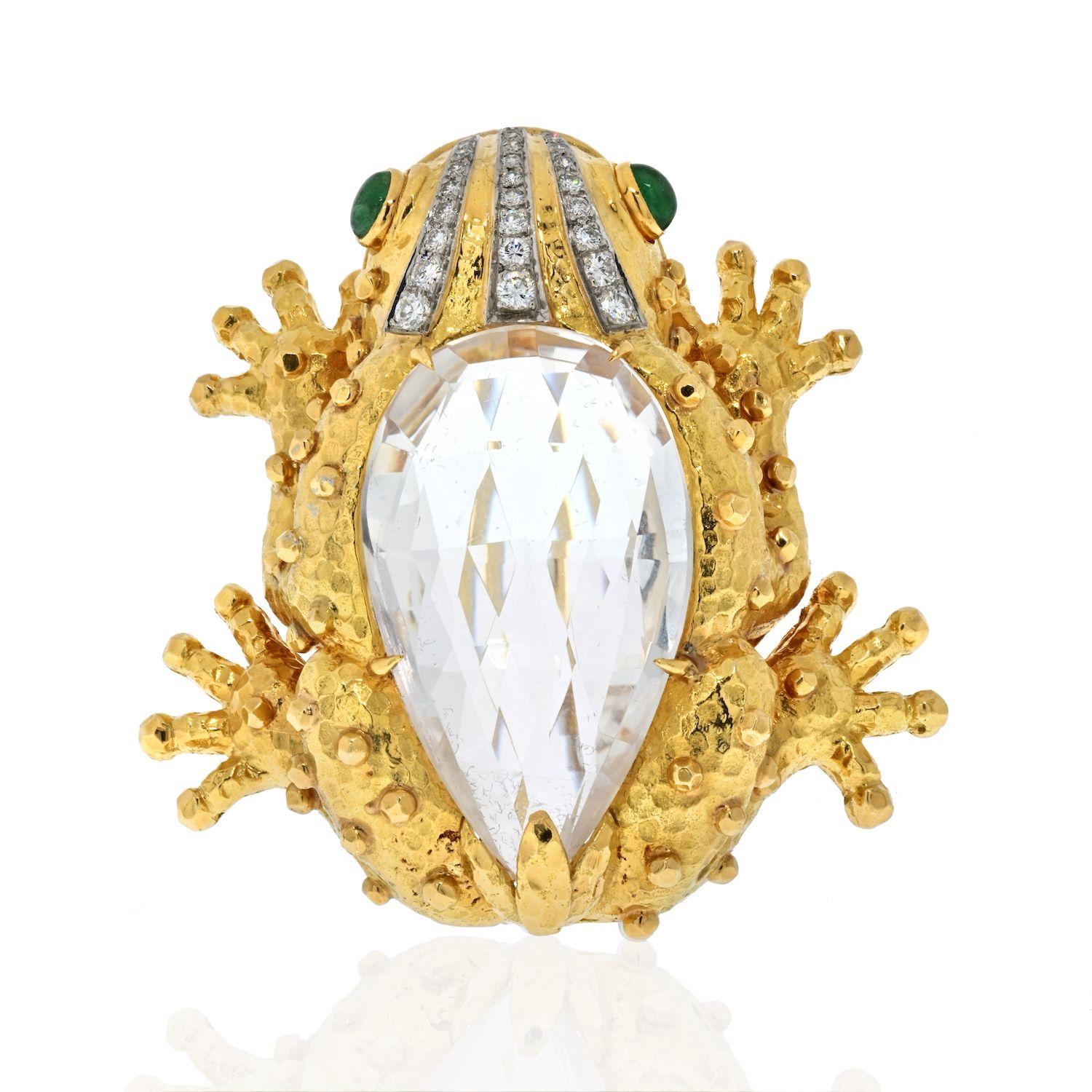 Women's David Webb Platinum & 18K Yellow Gold Rock Crystal Diamond Frog Brooch For Sale