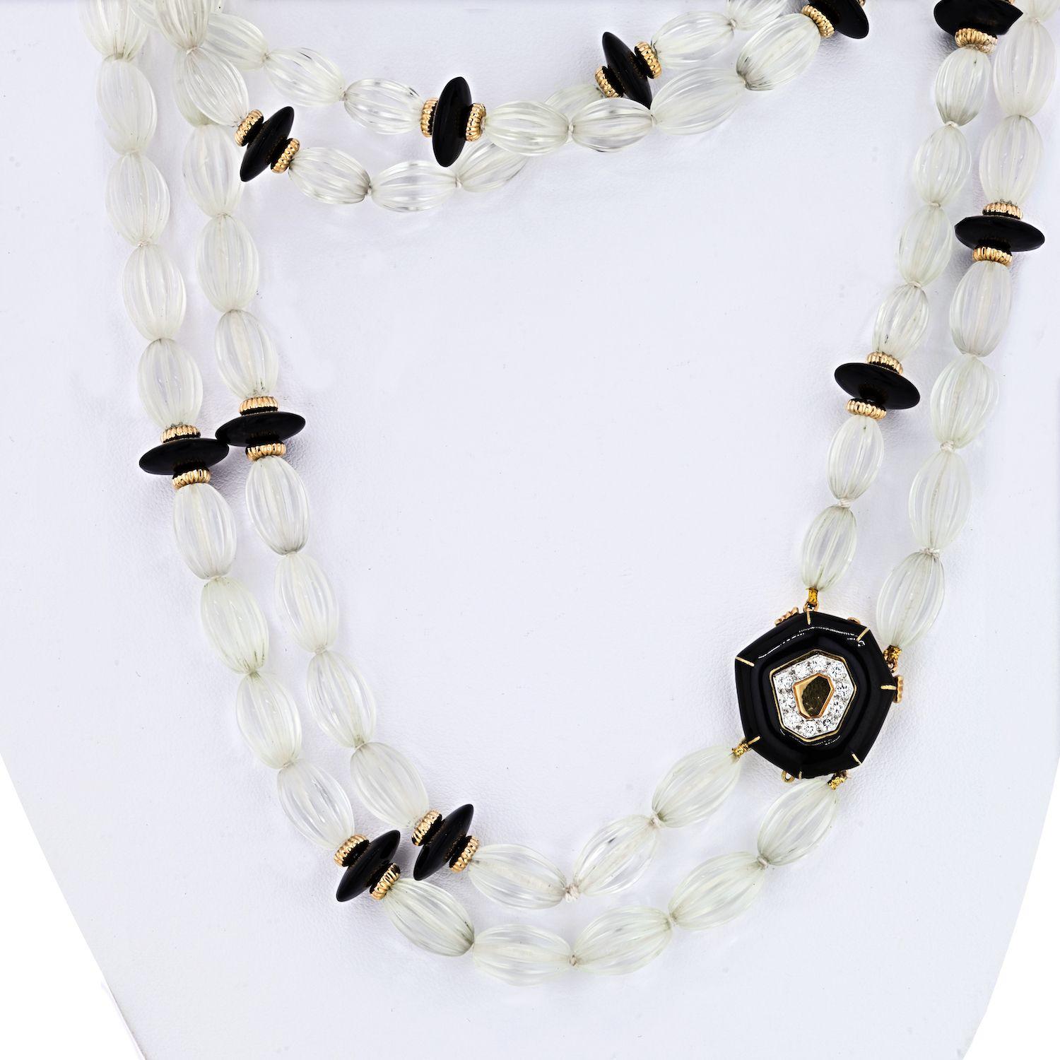 Modern David Webb Platinum and 18K Gold Rock Crystal Onyx and Diamond Bead Necklace