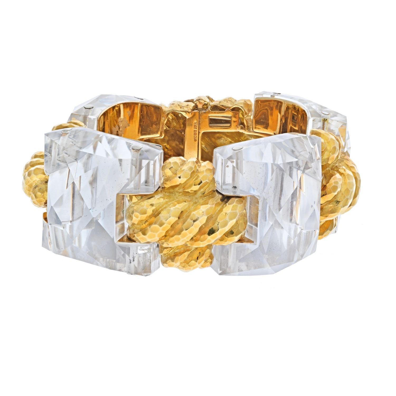Square Cut David Webb Platinum & 18k Yellow Gold Rock Crystal Wide Bracelet