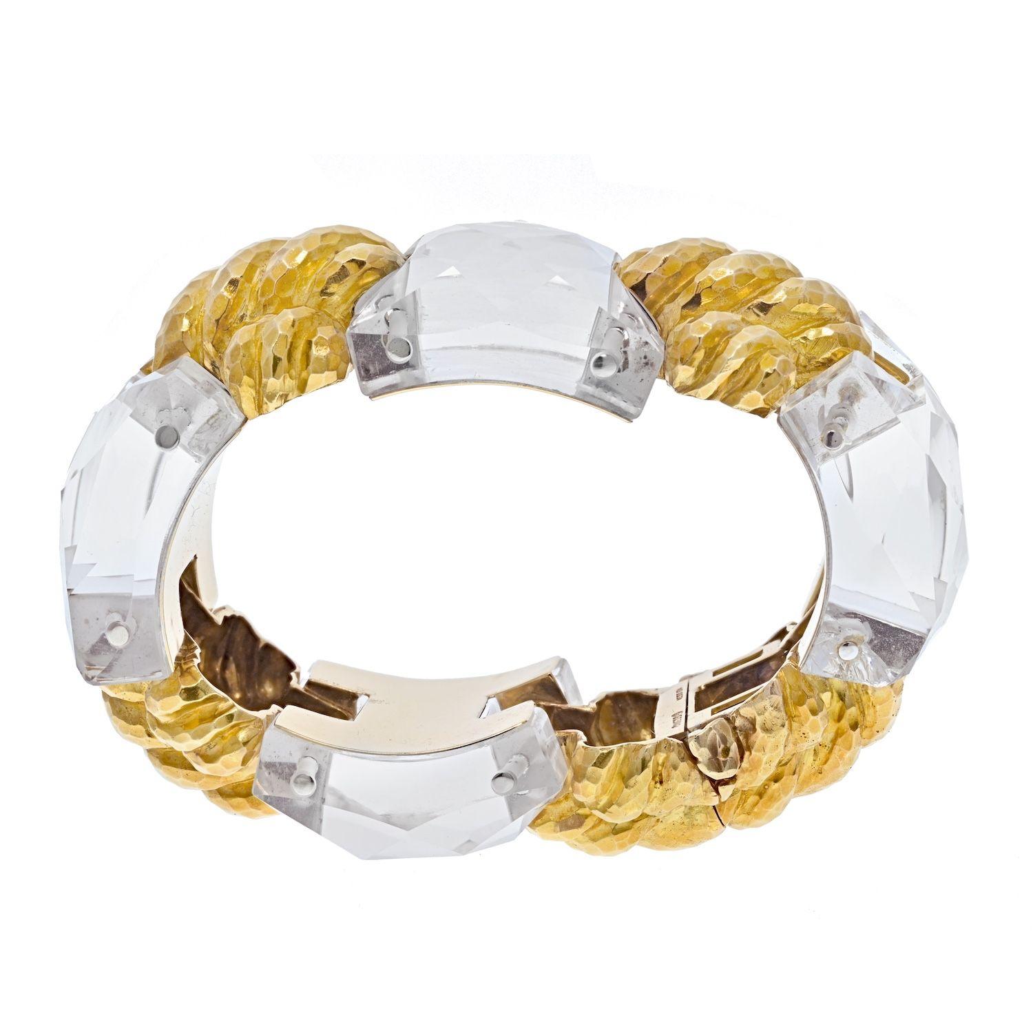 David Webb Platinum & 18k Yellow Gold Rock Crystal Wide Bracelet In Excellent Condition In New York, NY