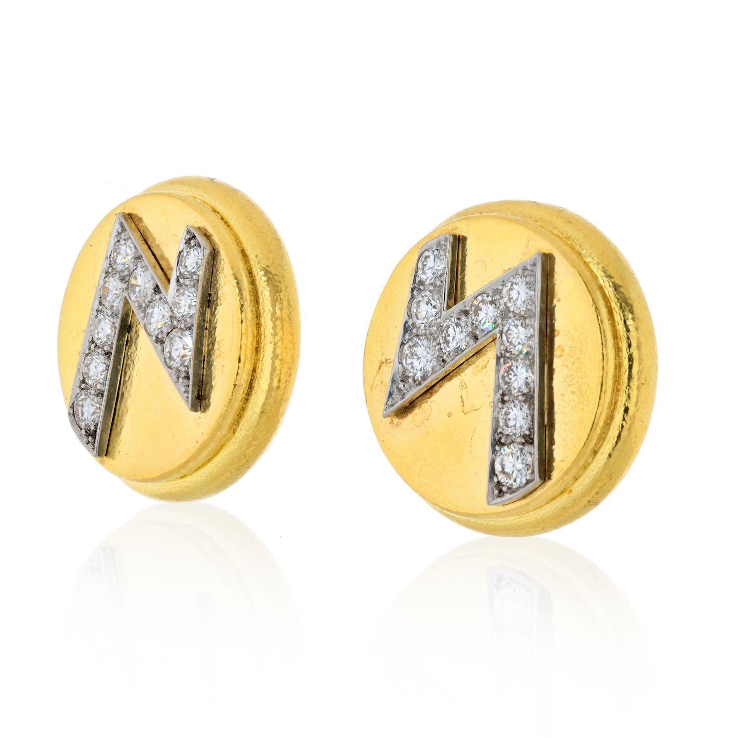 Round Cut David Webb Platinum & 18K Yellow Gold Round Disks with Diamond Earrings For Sale