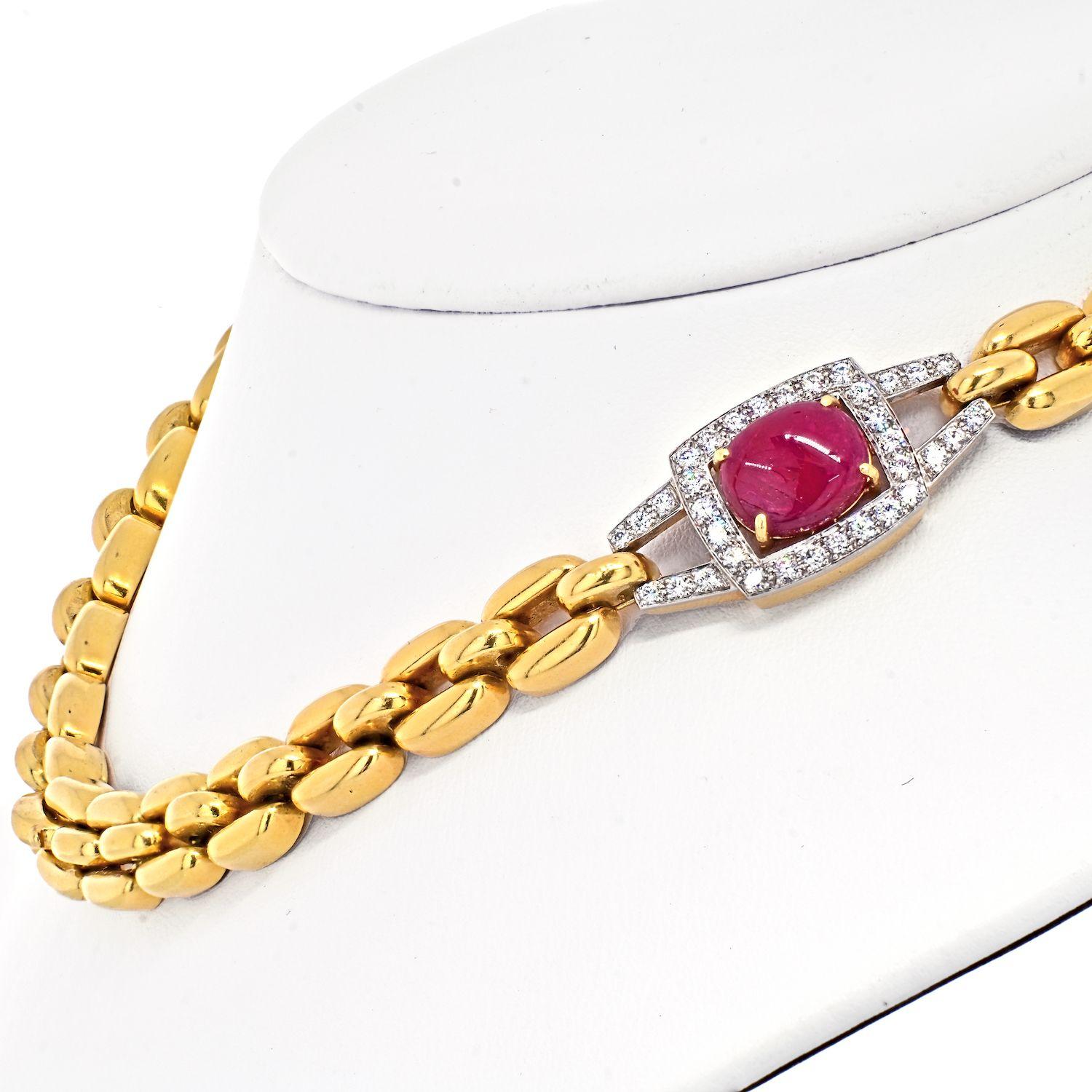 David Webb Platinum & 18k Yellow Gold Ruby and Diamond Link Chain Necklace In Excellent Condition For Sale In New York, NY