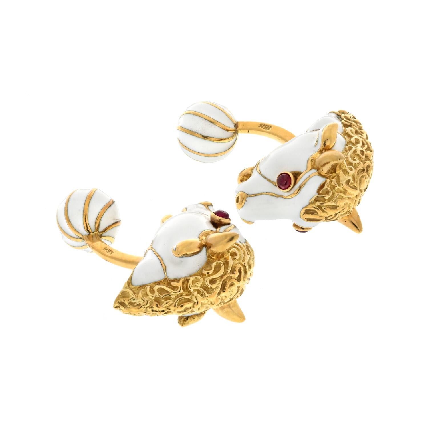 Cabochon David Webb Platinum & 18K Yellow Gold Ruby and White Enamel Bull Cuff Links For Sale
