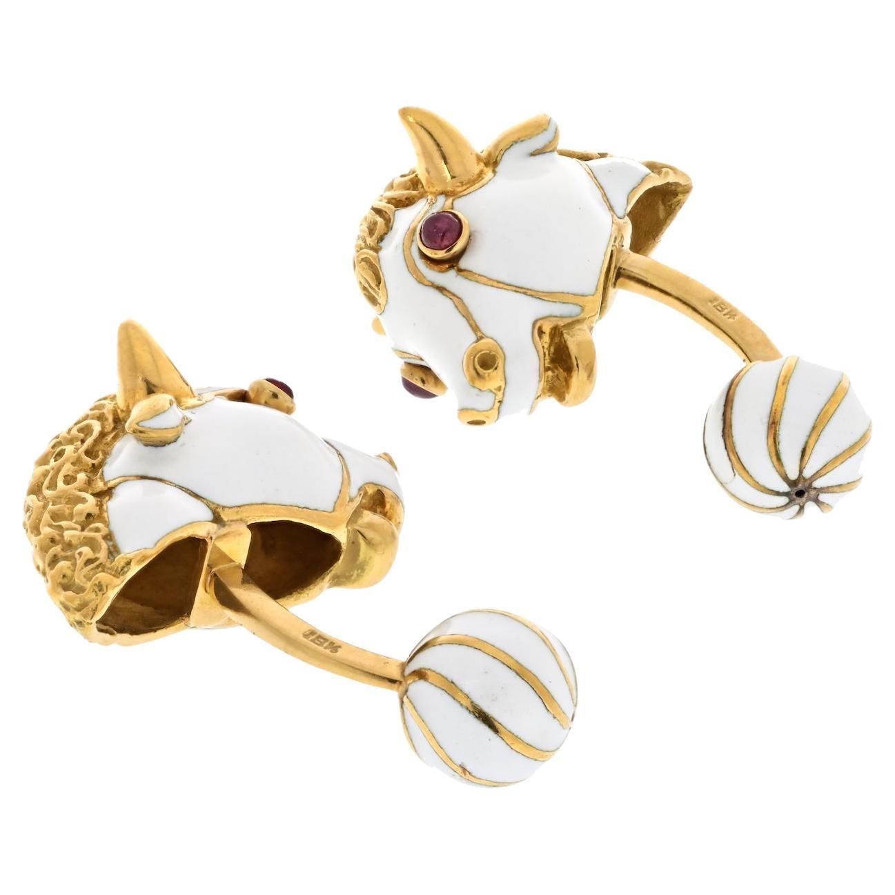 David Webb Platinum & 18K Yellow Gold Ruby and White Enamel Bull Cuff Links For Sale