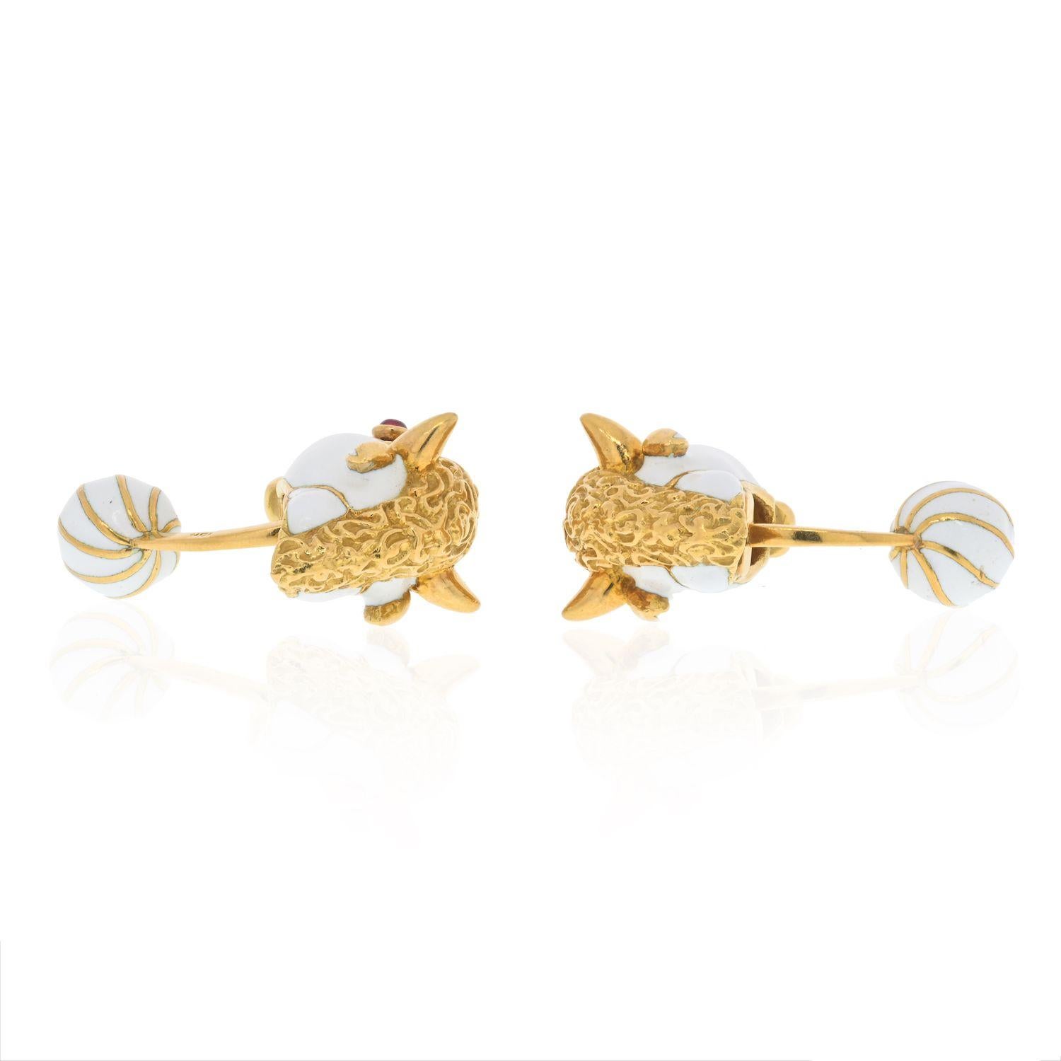 David Webb Platinum & 18K Yellow Gold Ruby and White Enamel Goat Cuff Links In Excellent Condition In New York, NY