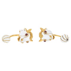 David Webb Platinum & 18K Yellow Gold Ruby and White Enamel Goat Cuff Links