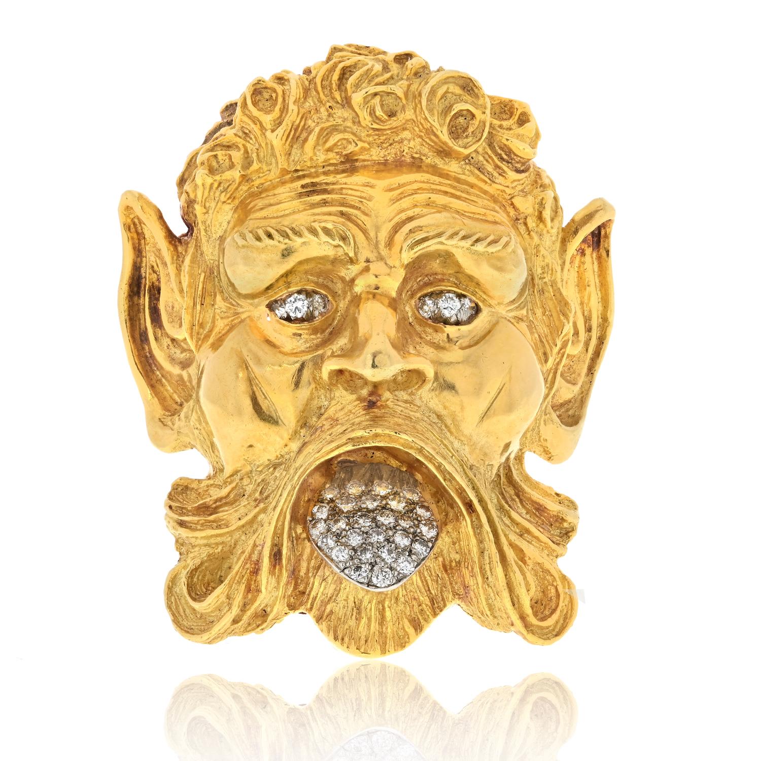 Elevate your jewelry collection with the enchanting David Webb Platinum & 18K Yellow Gold Satyr Diamond Face Brooch. 

This estate piece, measuring 2.2 inches in length, is a testament to David Webb's unparalleled craftsmanship and artistic vision.