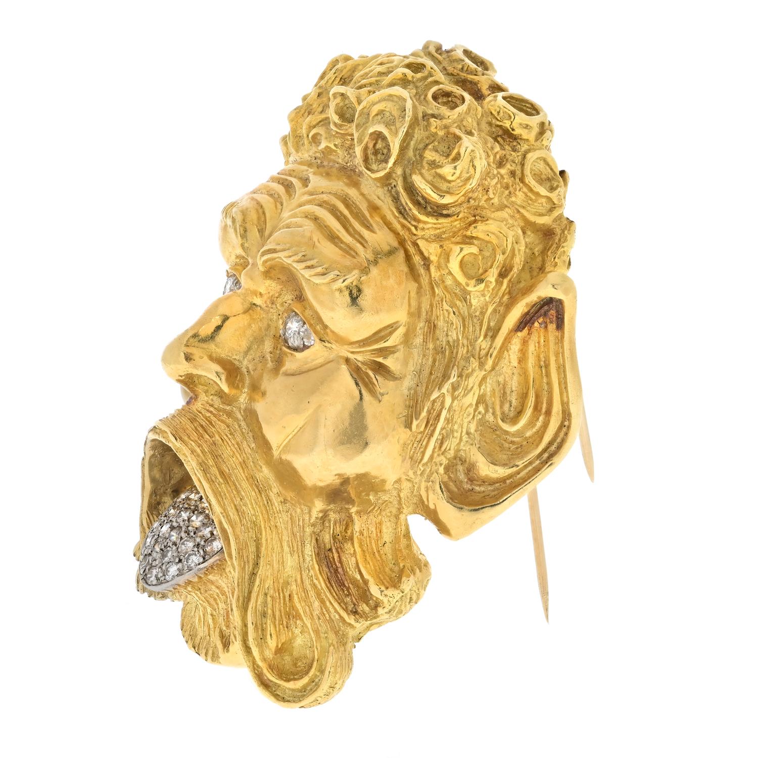 Modern David Webb Platinum & 18K Yellow Gold Satyr Head Brooch For Sale