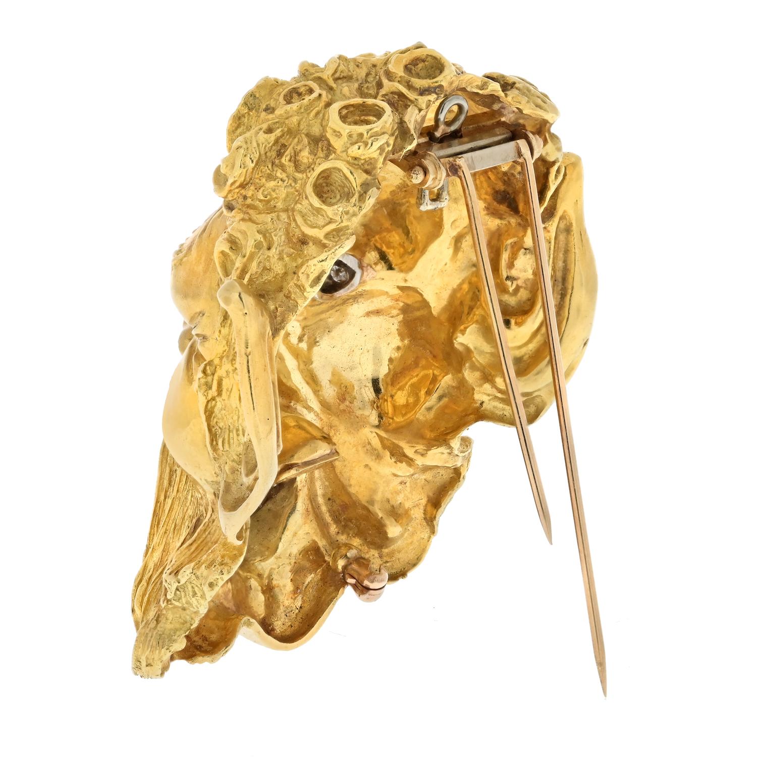 Round Cut David Webb Platinum & 18K Yellow Gold Satyr Head Brooch For Sale