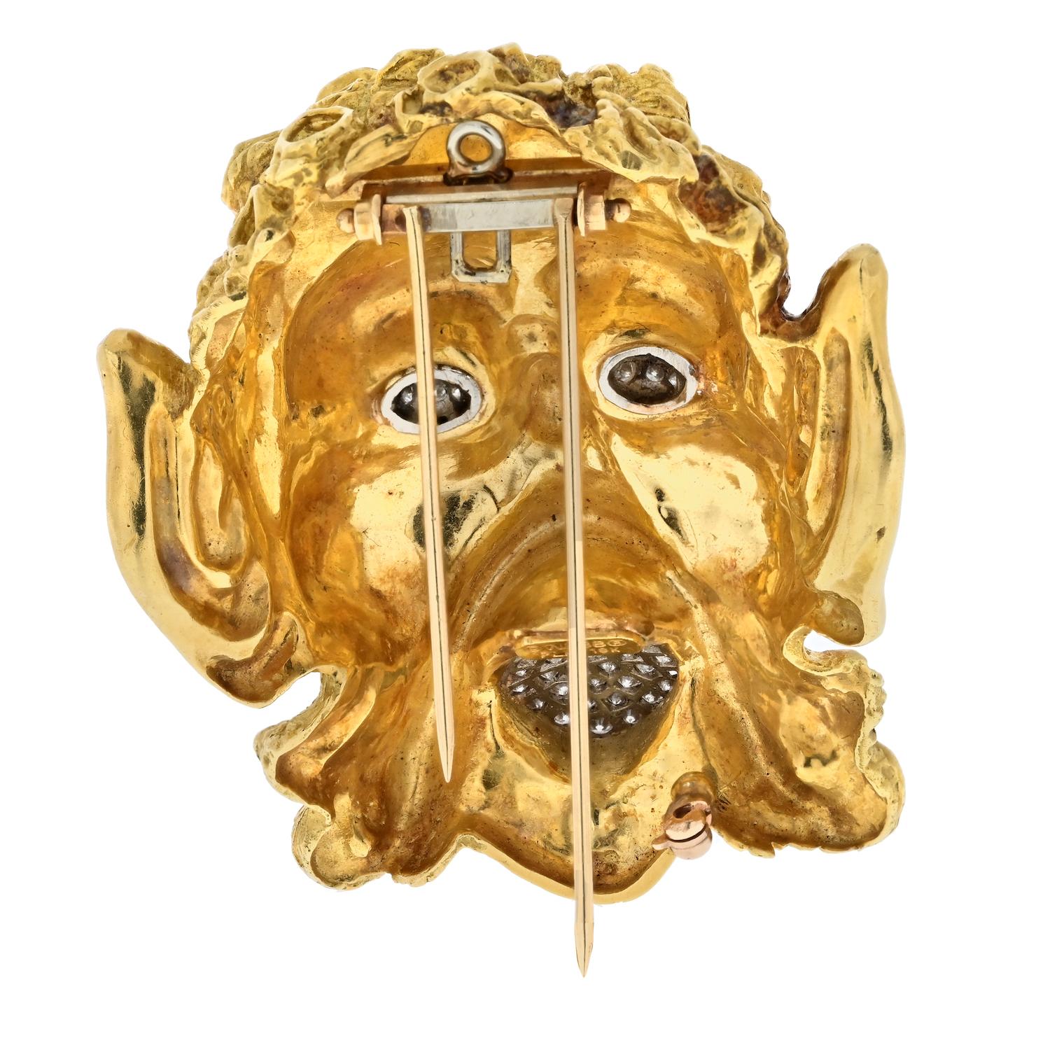David Webb Platinum & 18K Yellow Gold Satyr Head Brooch In Excellent Condition For Sale In New York, NY