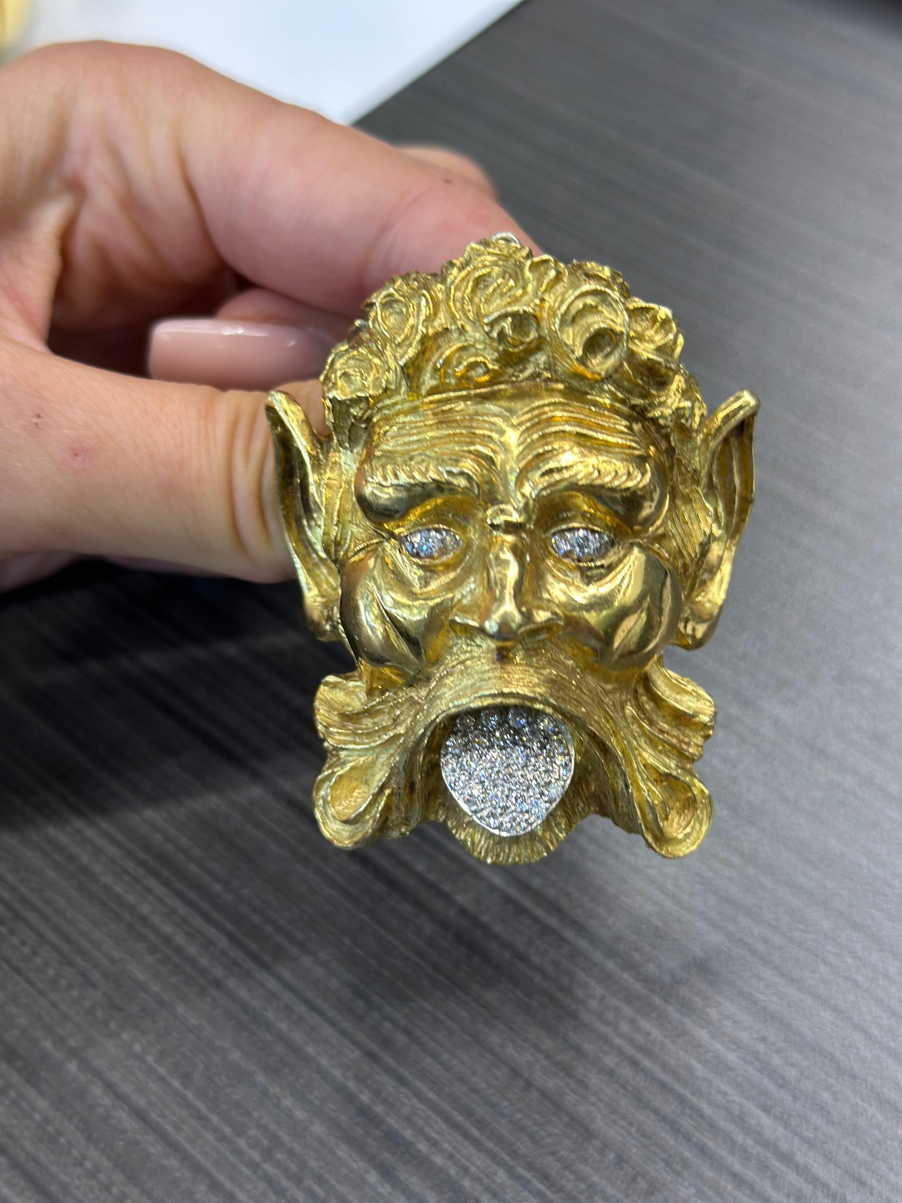 Round Cut David Webb Platinum & 18K Yellow Gold Satyr Head Brooch For Sale