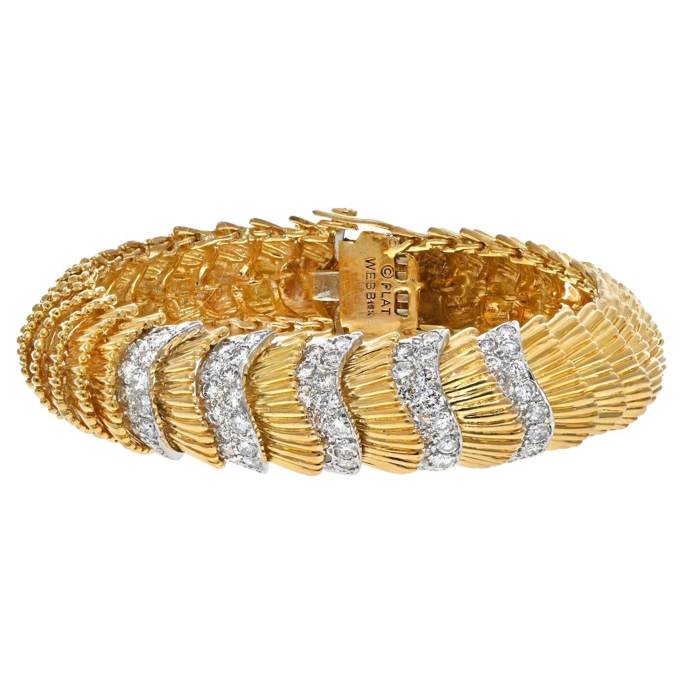 David Webb Platinum & 18K Yellow Gold Scalloped Diamond Bracelet For Sale