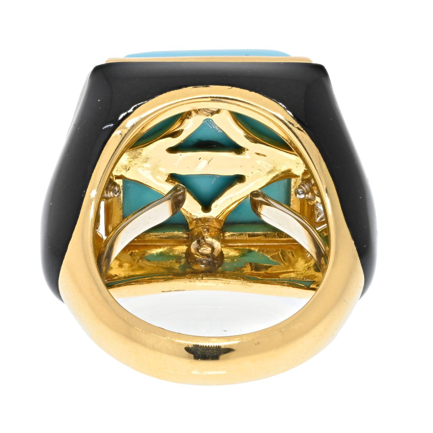 Bold color meets shimmering elegance in this turquoise and diamond pavé ring by David Webb. Make a splash with stunning colorful combination and unexpected material compositions. Every ring in our collection is very unique but we are particularly