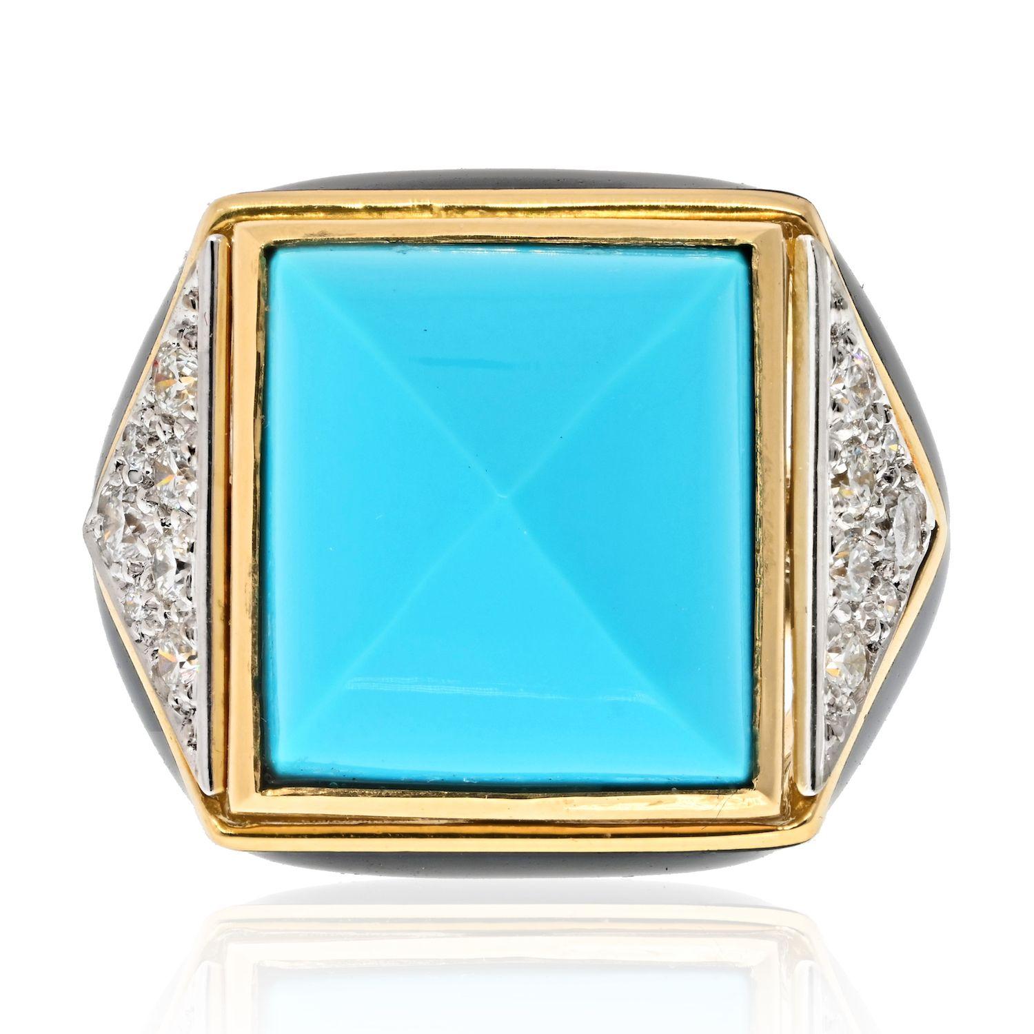 Round Cut David Webb Platinum & 18K Yellow Gold Summit Turquoise And Diamond Ring For Sale