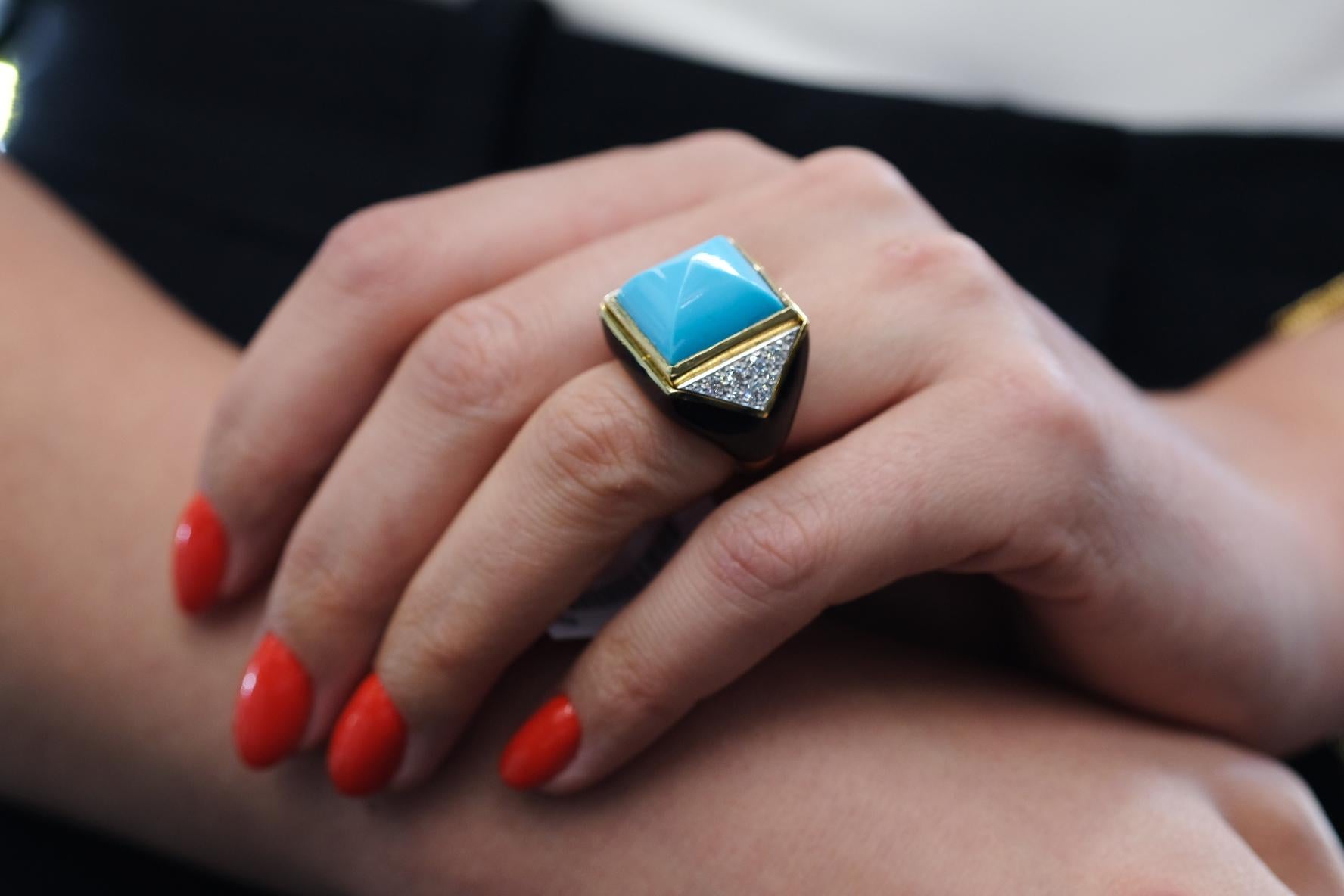 Women's David Webb Platinum & 18K Yellow Gold Summit Turquoise And Diamond Ring For Sale