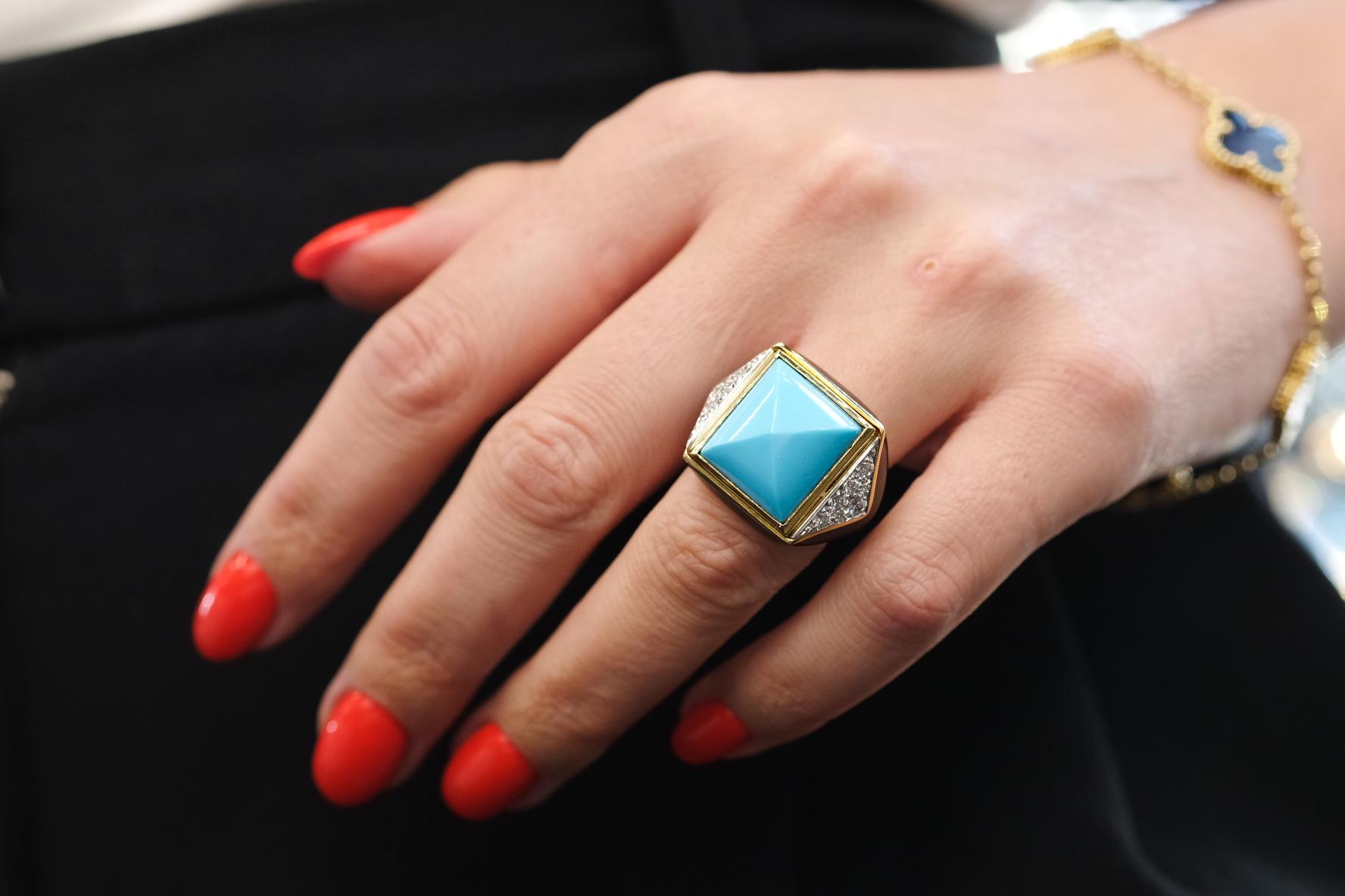 David Webb Platinum & 18K Yellow Gold Summit Turquoise And Diamond Ring For Sale 2