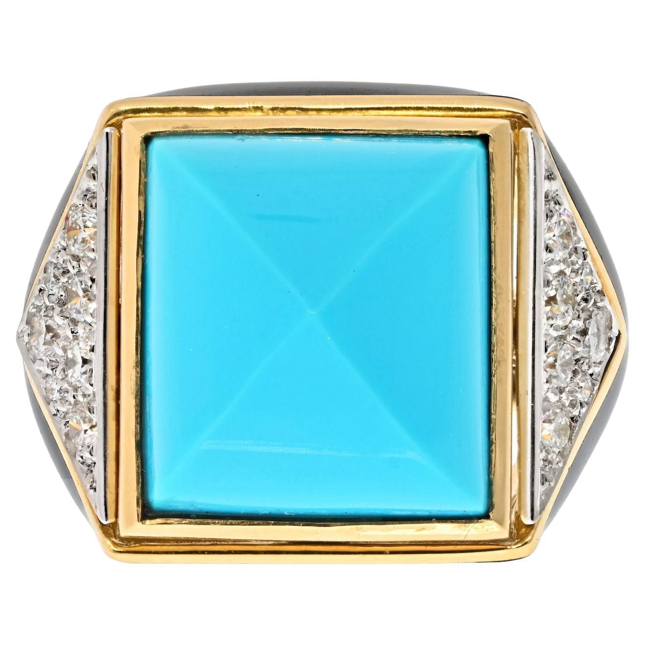 David Webb Platinum & 18K Yellow Gold Summit Turquoise And Diamond Ring For Sale